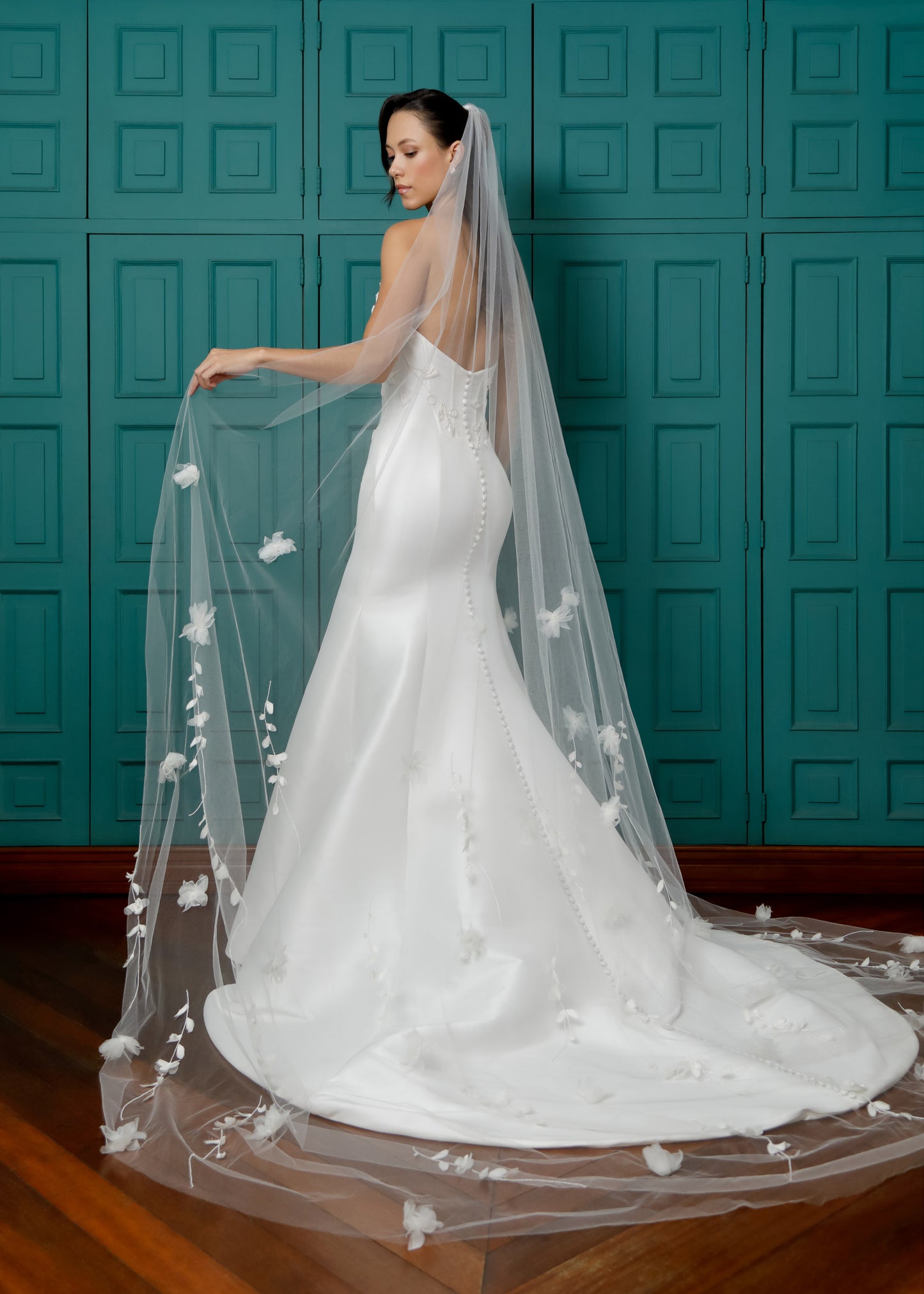 Strapless Mikado Mermaid Gown with Pearls & Florals - Back | Lotus Threads Bridal