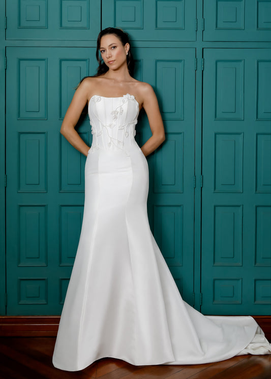 Strapless Mikado Mermaid Gown with Pearls & Florals | Lotus Threads Bridal