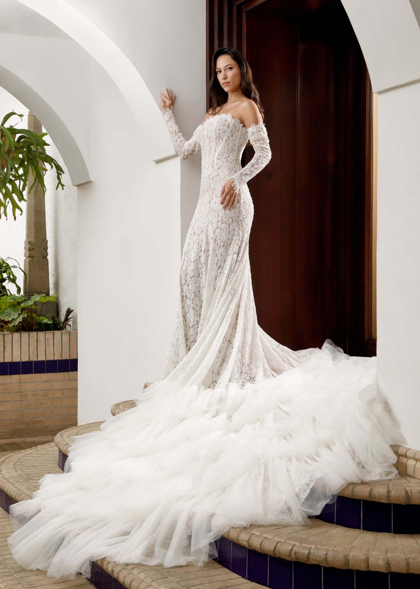 Basque Waist Lace Wedding Gown with Layered Tulle Train | Lotus Threads Bridal