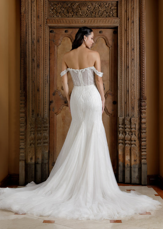 Off-Shoulder Beaded Fit-and-Flare Wedding Gown - back | Lotus Threads Bridal