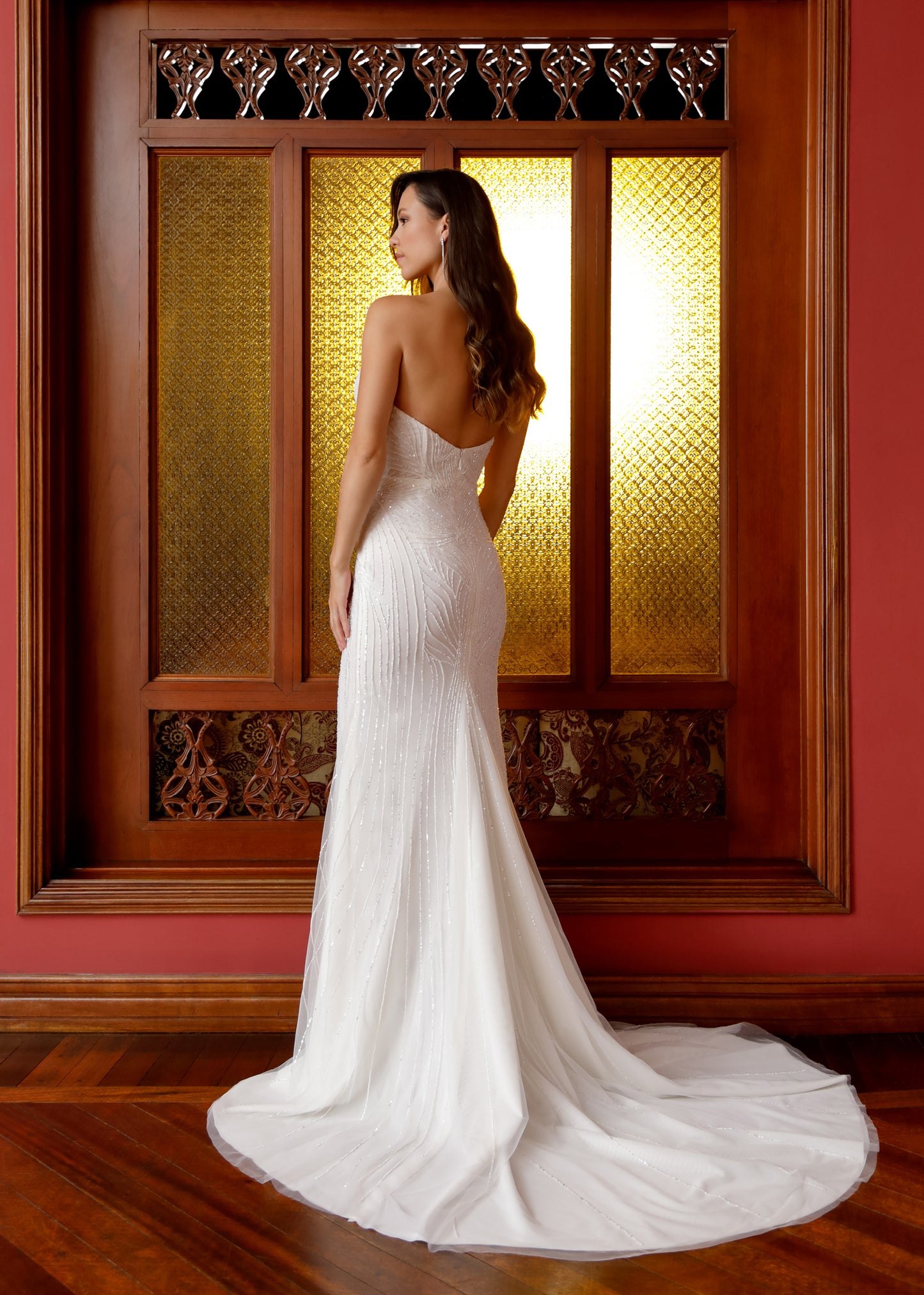 Strapless Beaded Wedding Gown with Cat-Eye Bustline an Train | Lotus Threads Bridal