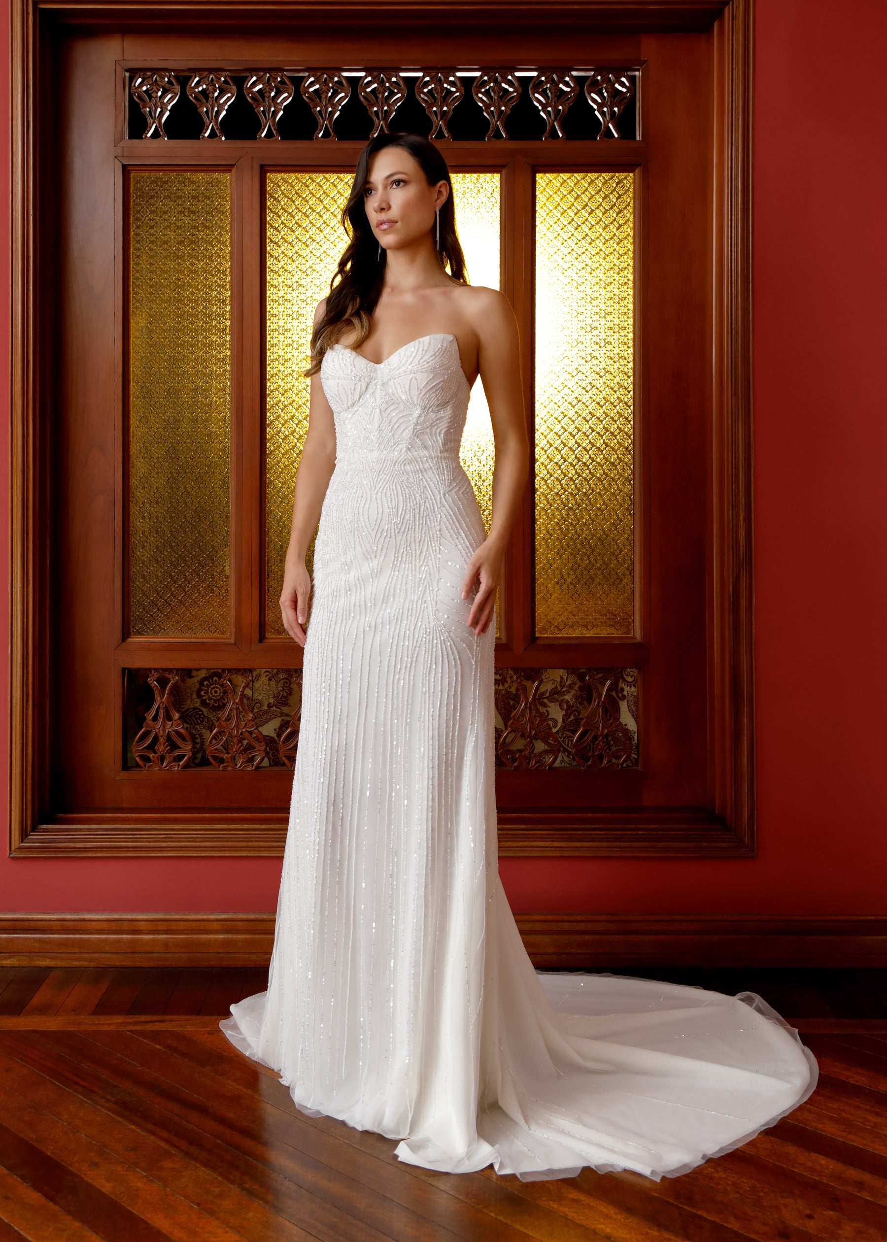 Strapless Beaded Wedding Gown with Cat-Eye Bustline Lotus Threads Bridal Strapless Beaded Wedding Gown with Cat-Eye Bustline Lotus Threads Bridal