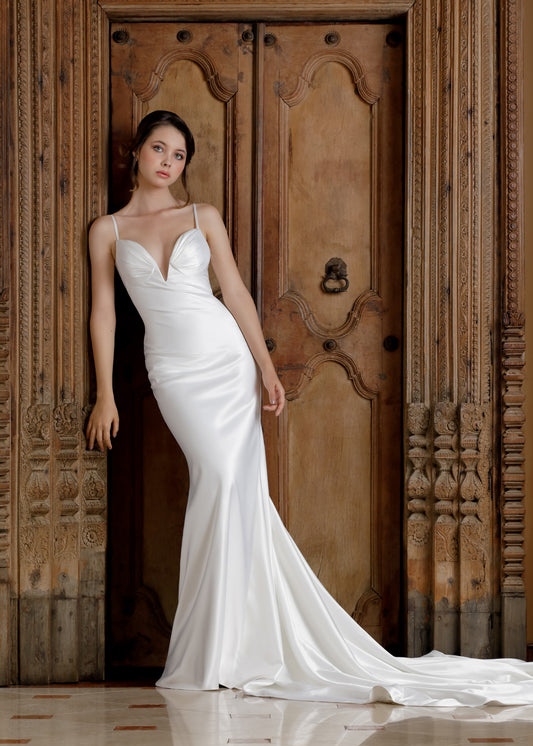 Deep Neck Satin Mermaid Wedding Gown with Pleated Bust | Lotus Threads Bridal