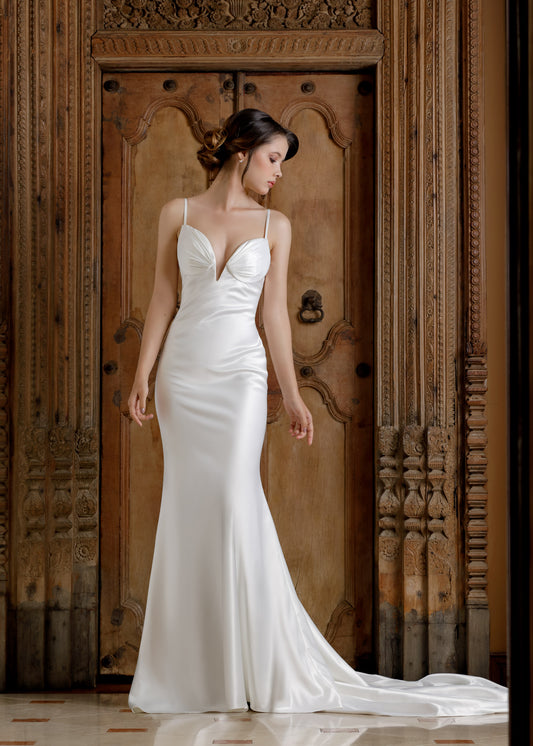 Satin Mermaid Wedding Gown with Pleated Bust | Lotus Threads Bridal