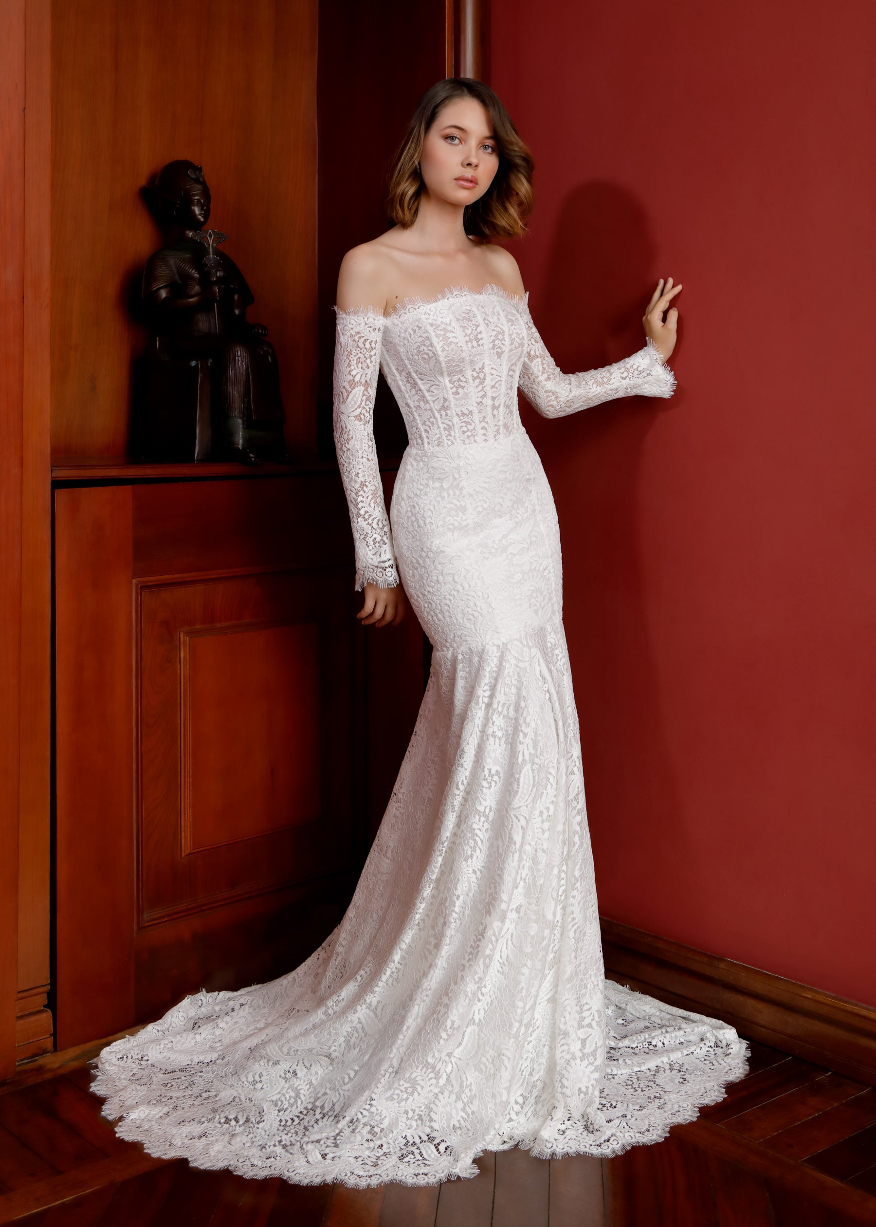 Lace Fit & Flare Wedding Dress with Off-Shoulder Sleeves Lotus Threads Bridal Lace Fit & Flare Wedding Dress with Off-Shoulder Sleeves Lotus Threads Bridal