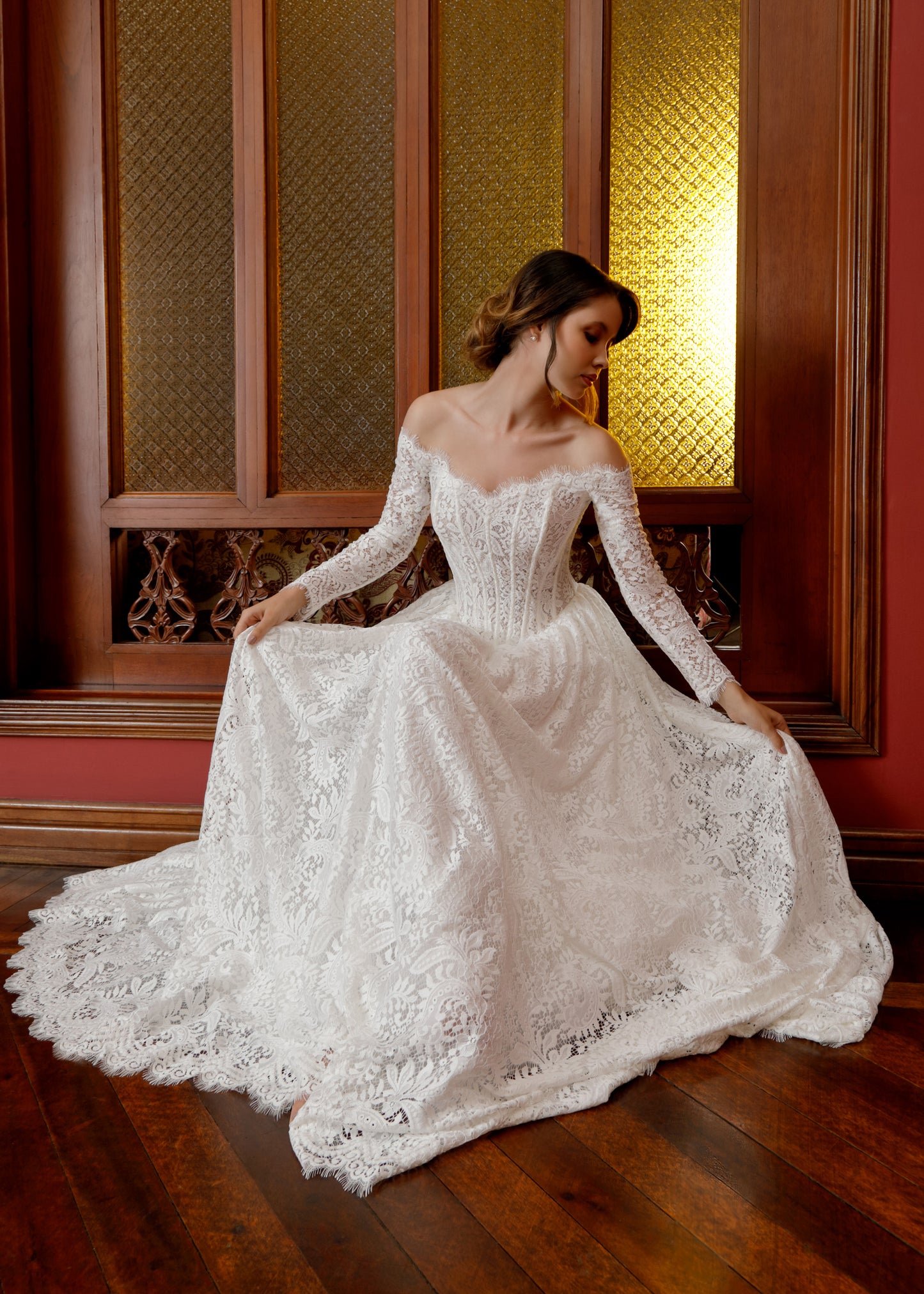 Off-Shoulder A-Line Lace Wedding Gown with Long Sleeves | Lotus Threads Bridal