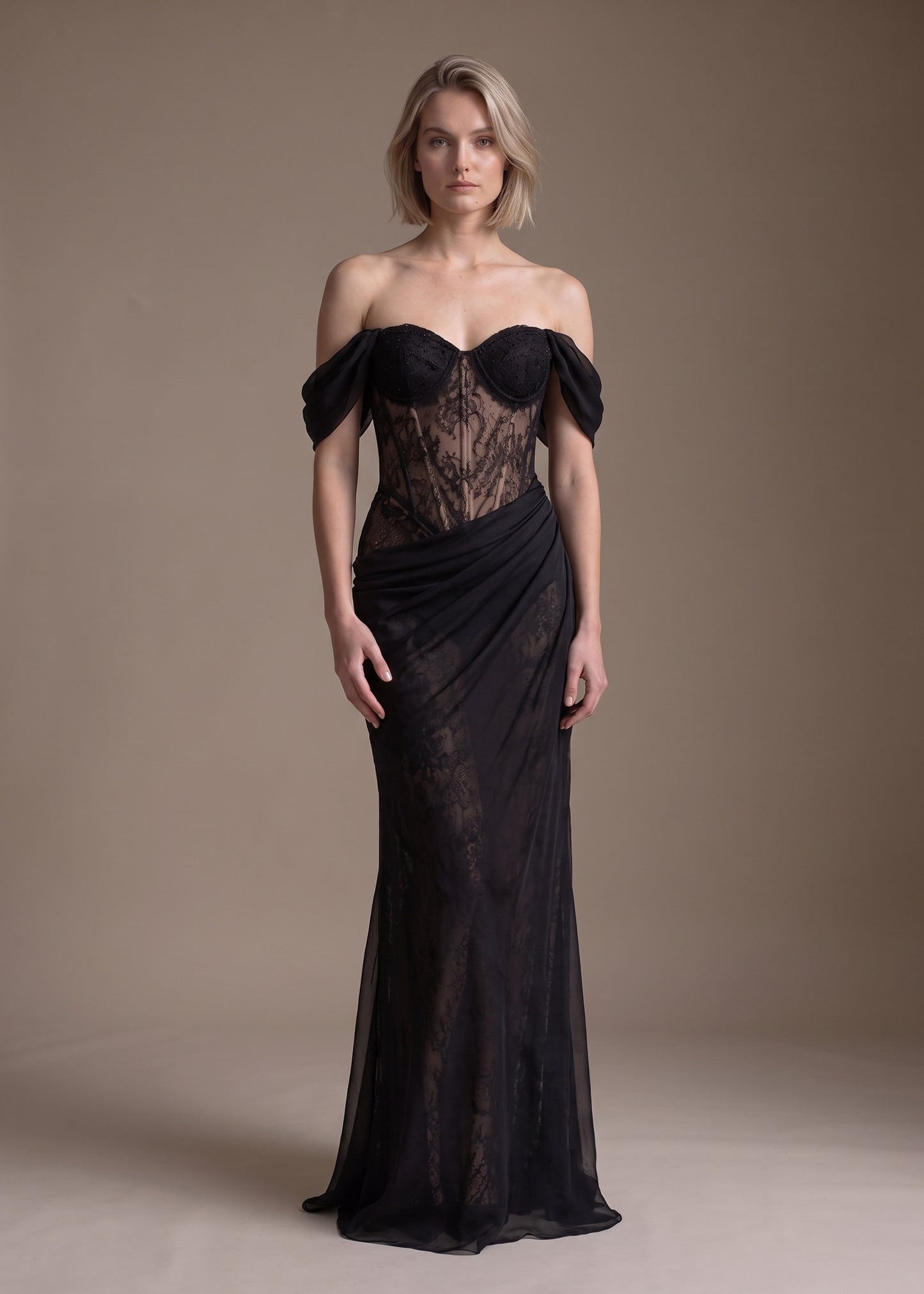 Black Lace Corset Sheath Gown with Draped Chiffon Skirt