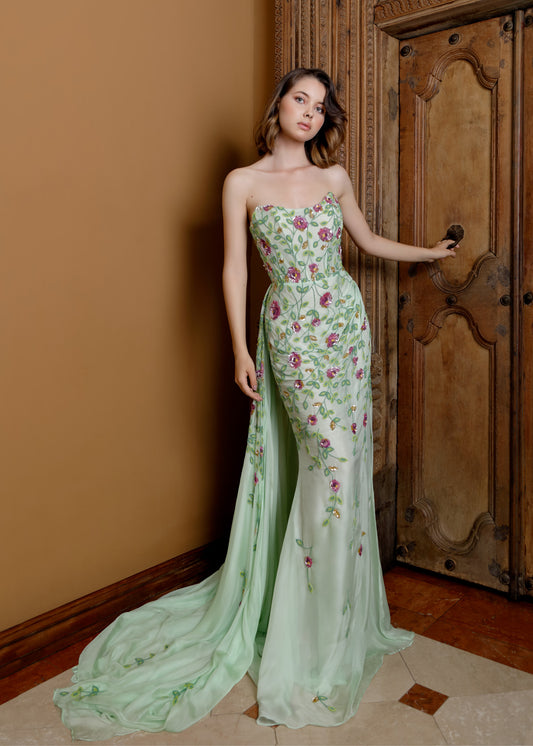 Silk Gown with Corset Bodice & Removable Sheer Skirt | Lotus Threads | Evening Gown