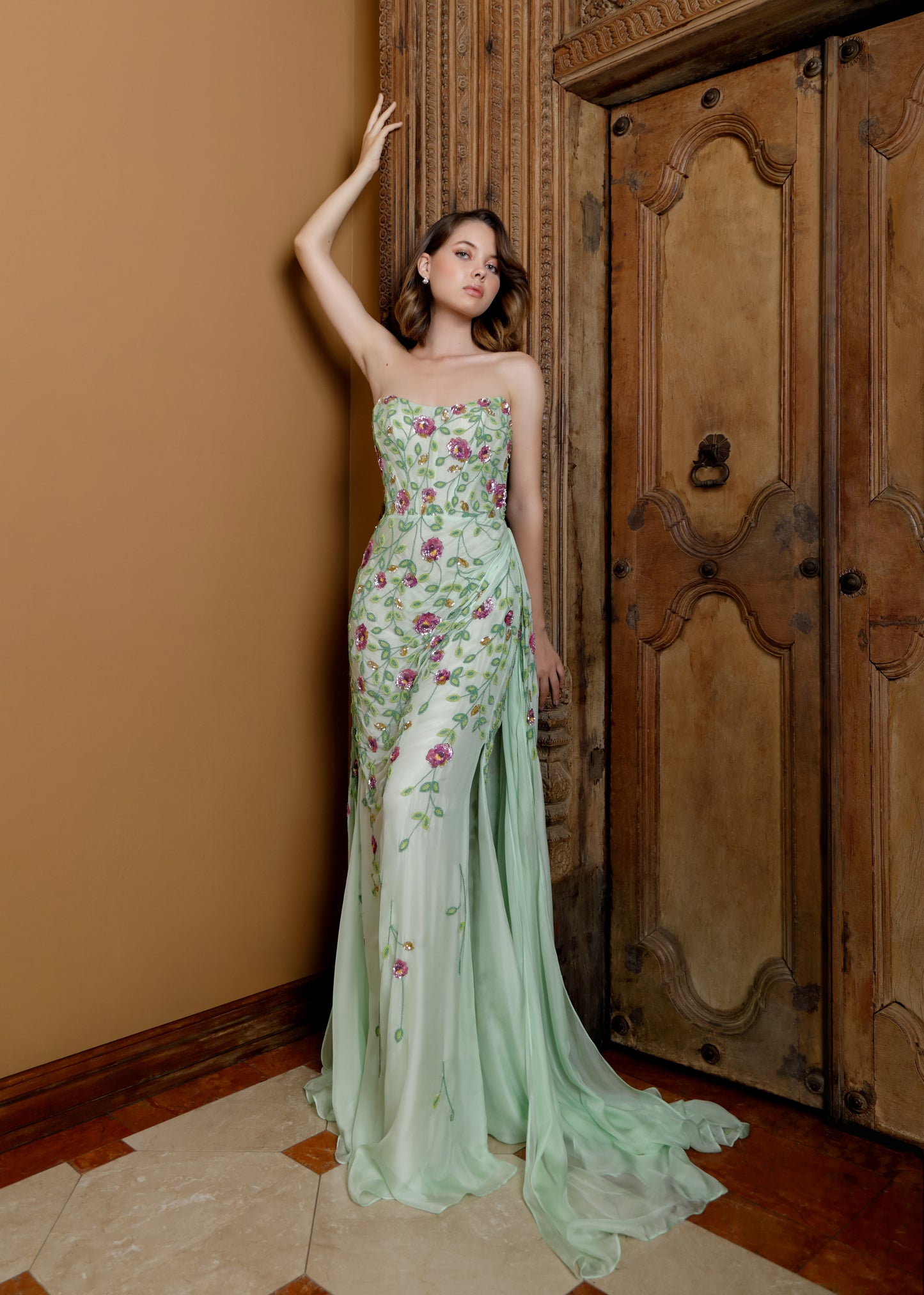 Silk Gown with Corset Bodice & Removable Sheer Skirt | Lotus Threads | Formal Gown