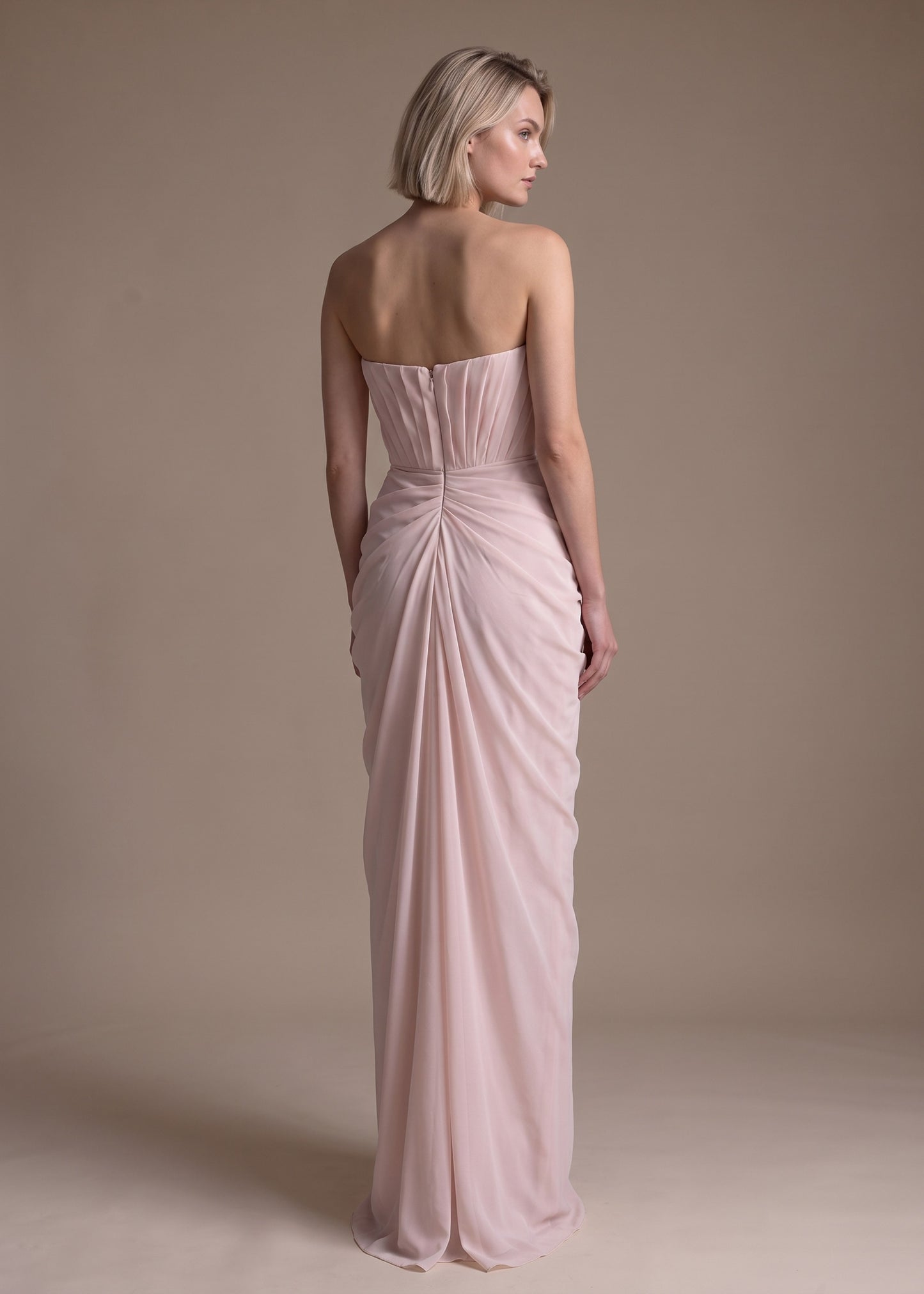 Pleated Strapless Gown with Draped Waist Detail