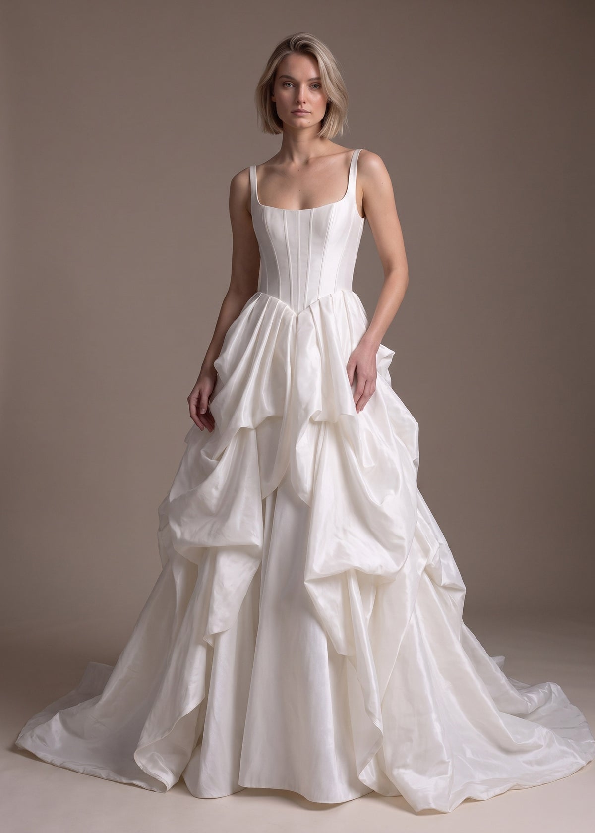 Basque Waist A-Line Wedding Gown with Cascading Ruffle Skirt