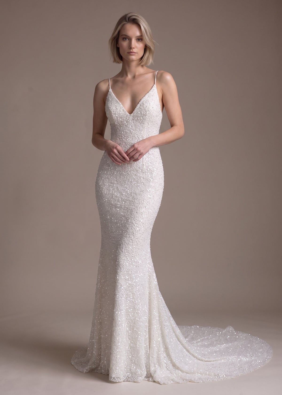 Crystal Beaded Tulle Gown with V-Neckline & Cathedral Train