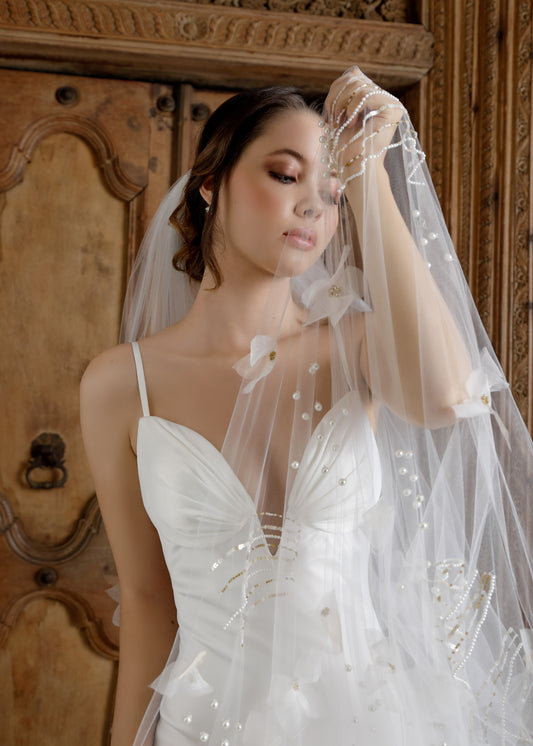 Cathedral Wedding Veil with Handcut Flowers & Beadings | Lotus Threads Bridal