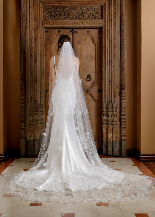 Cathedral Wedding Veil with Handcut Flowers & Beadings | Lotus Threads Bridal