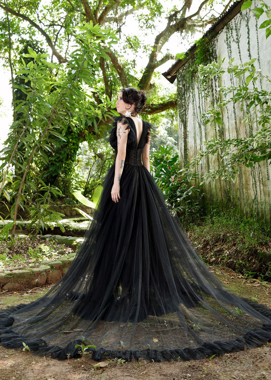 Black Wedding Dress Ball Gown with Layers of Tulle Pleated Ruffles | Lotus Threads Bridal