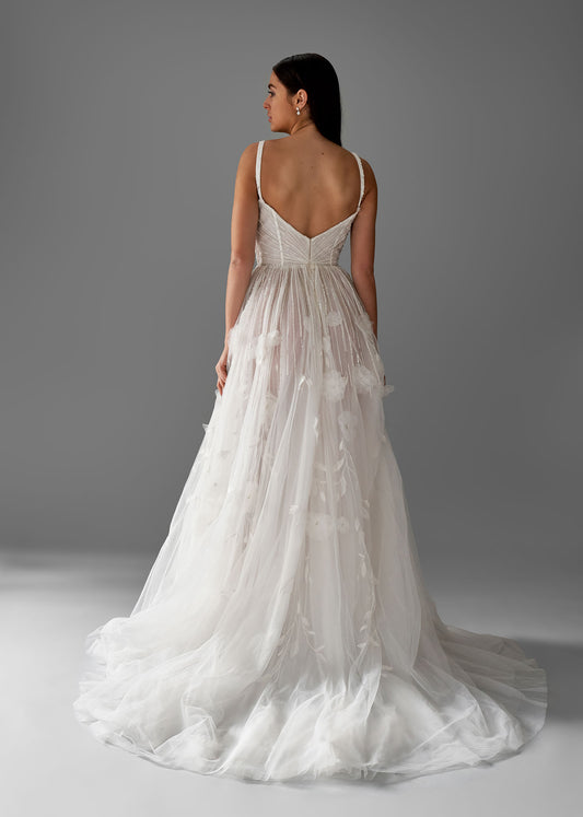 A-line Wedding Gown with Corset Bodice and Hand-Beaded 3D Florals - Back | Lotus Threads Bridal