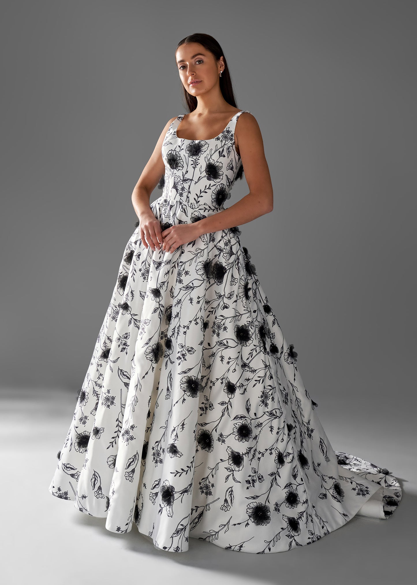 Black and White - Square Neck A-line Wedding Dress with 3D Floral Print | Lotus Threads Bridal