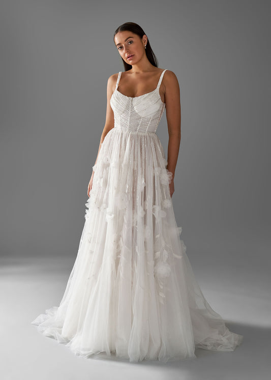 A-line Wedding Gown with Corset Bodice and Hand-Beaded 3D Florals | Lotus Threads Bridal