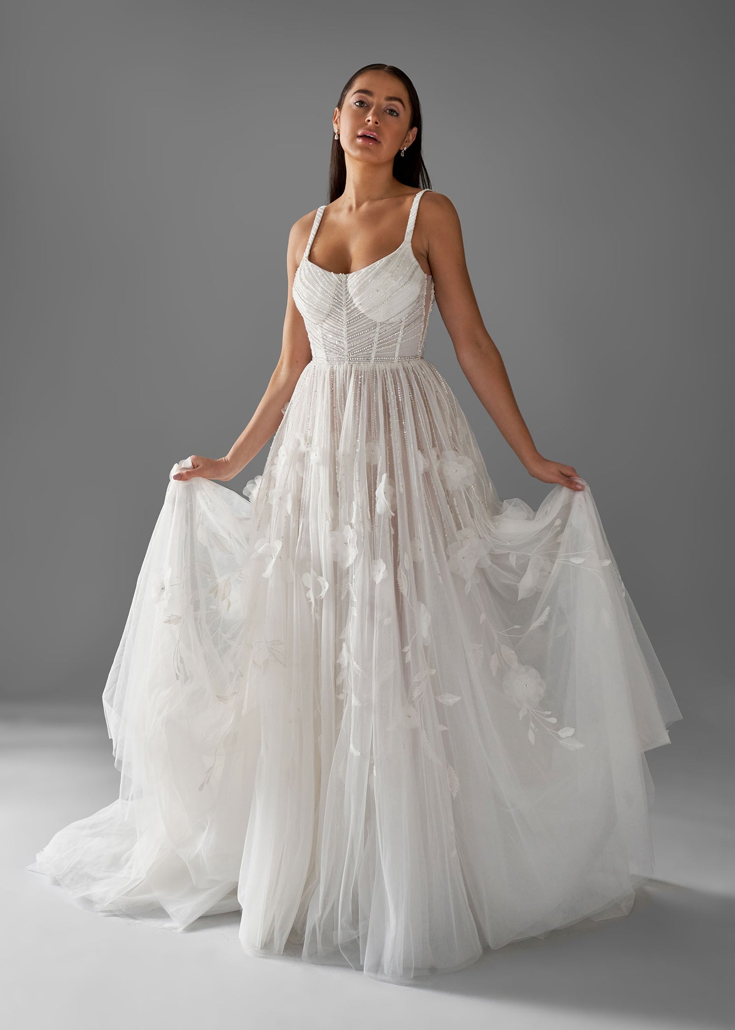 A-line Wedding Dress with Corset Bodice and Hand-Beaded 3D Florals | Lotus Threads Bridal