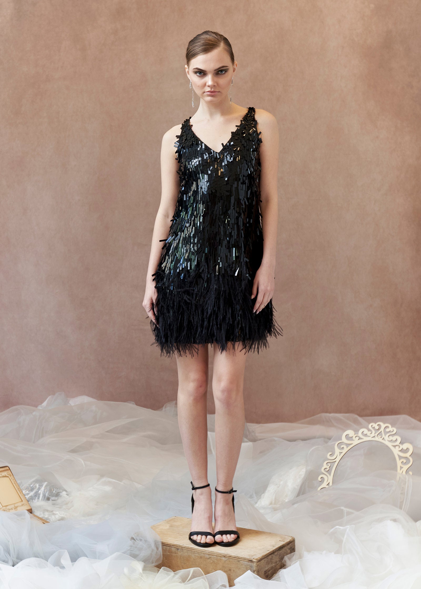 Art Deco Sequin Short Dress with V-Neck and Feather Details Lotus Threads Bridal Art Deco Sequin Short Dress with V-Neck and Feather Details Lotus Threads Bridal