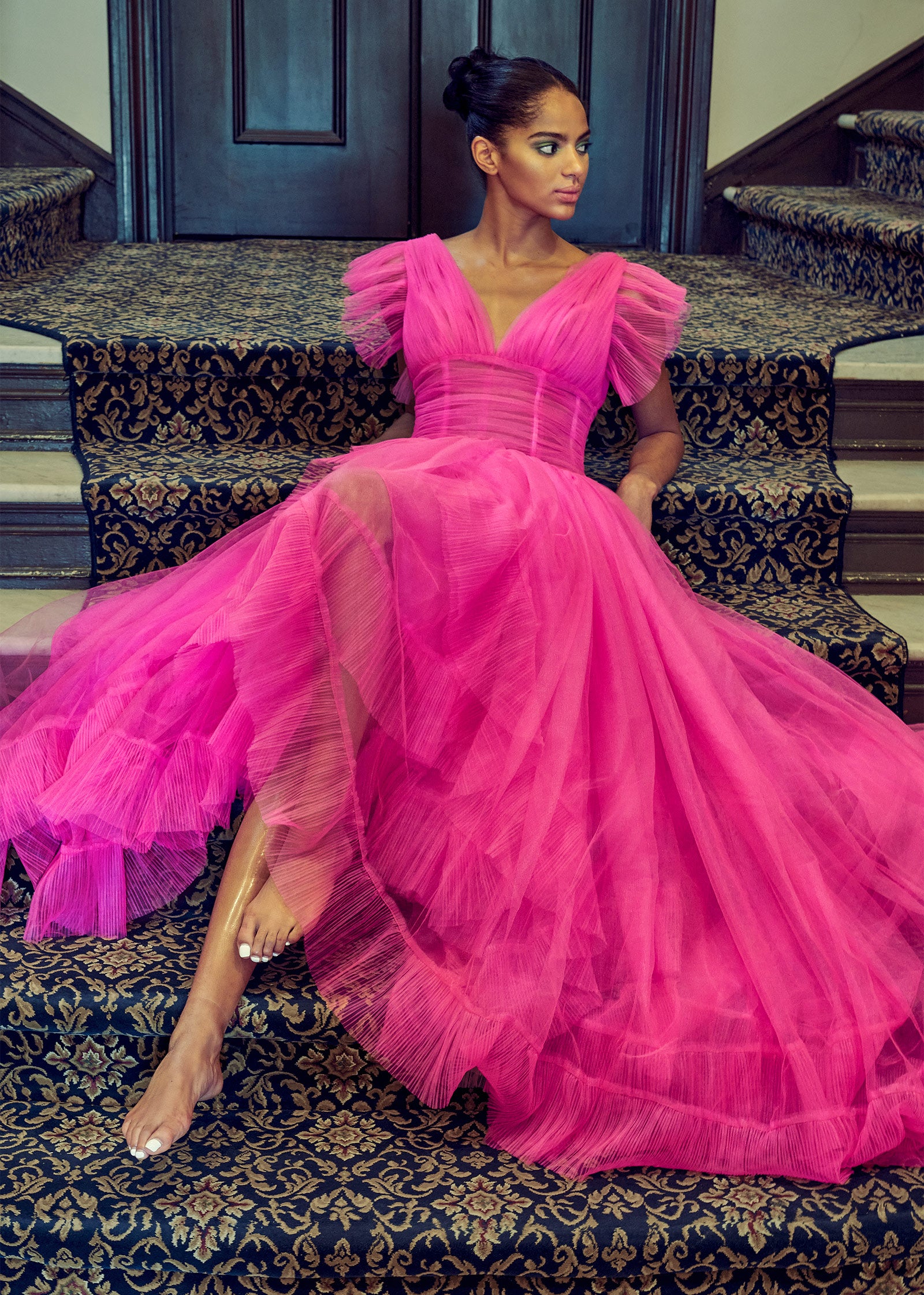 Magenta Edgy Wedding Dress Ball Gown with Layers of Tulle Pleated Ruffles | Lotus Threads Bridal