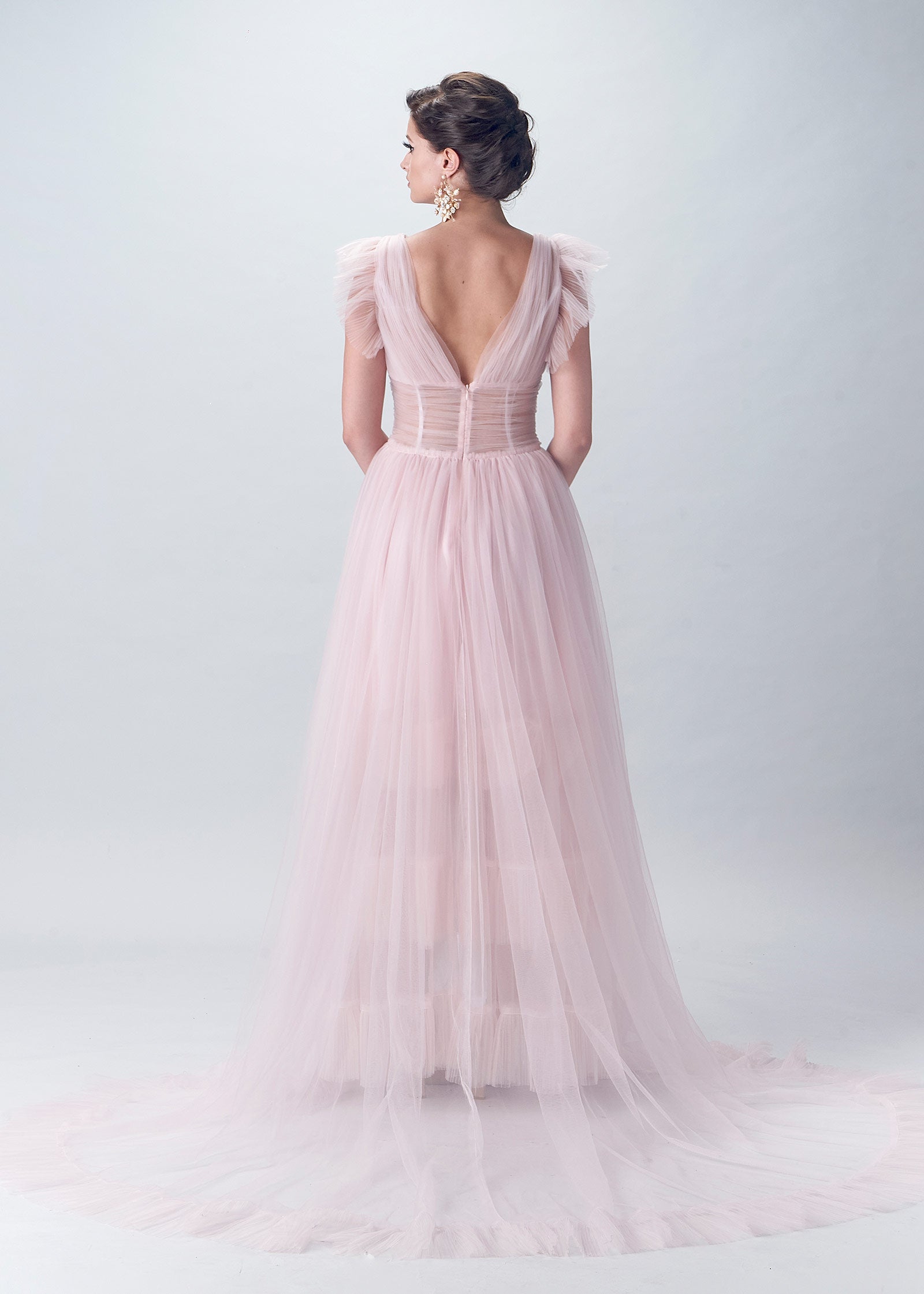 Wedding Dress Ball Gown with Layers of Tulle Pleated Ruffles | Rose Color |Lotus Threads Bridal