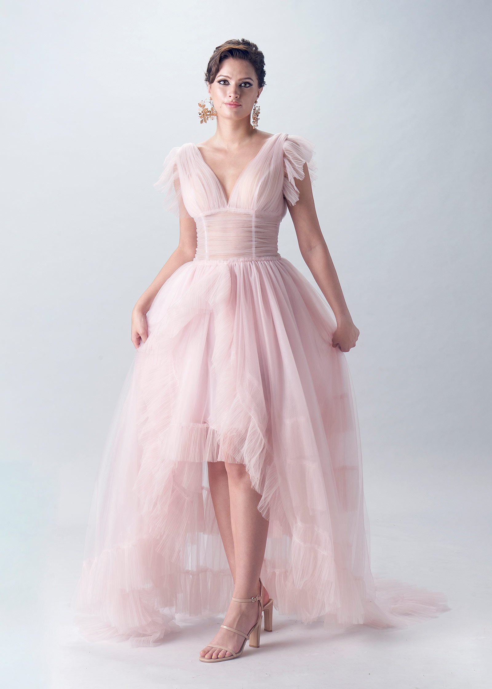 Wedding Dress Ball Gown with Layers of Tulle Pleated Ruffles | Rose Color |Lotus Threads Bridal