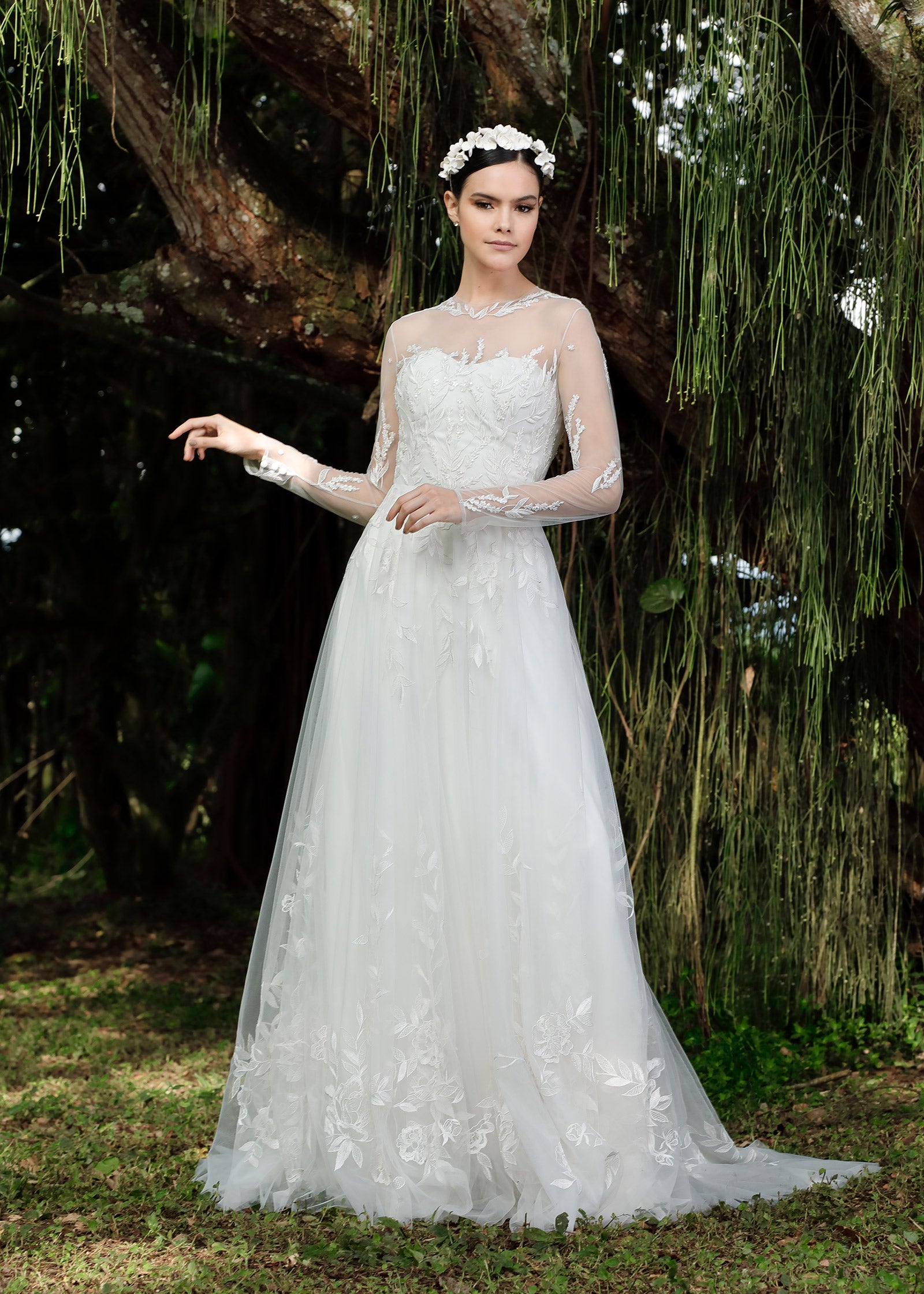 Elegant Long Sleeve A-Line Gown with Floral Beading Lotus Threads Bridal Elegant Long Sleeve A-Line Gown with Floral Beading Lotus Threads Bridal