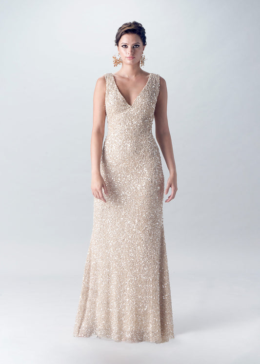 Elegant V-Neck Sequin Trumpet Gown | Champagne Evening Gown | Lotus Threads