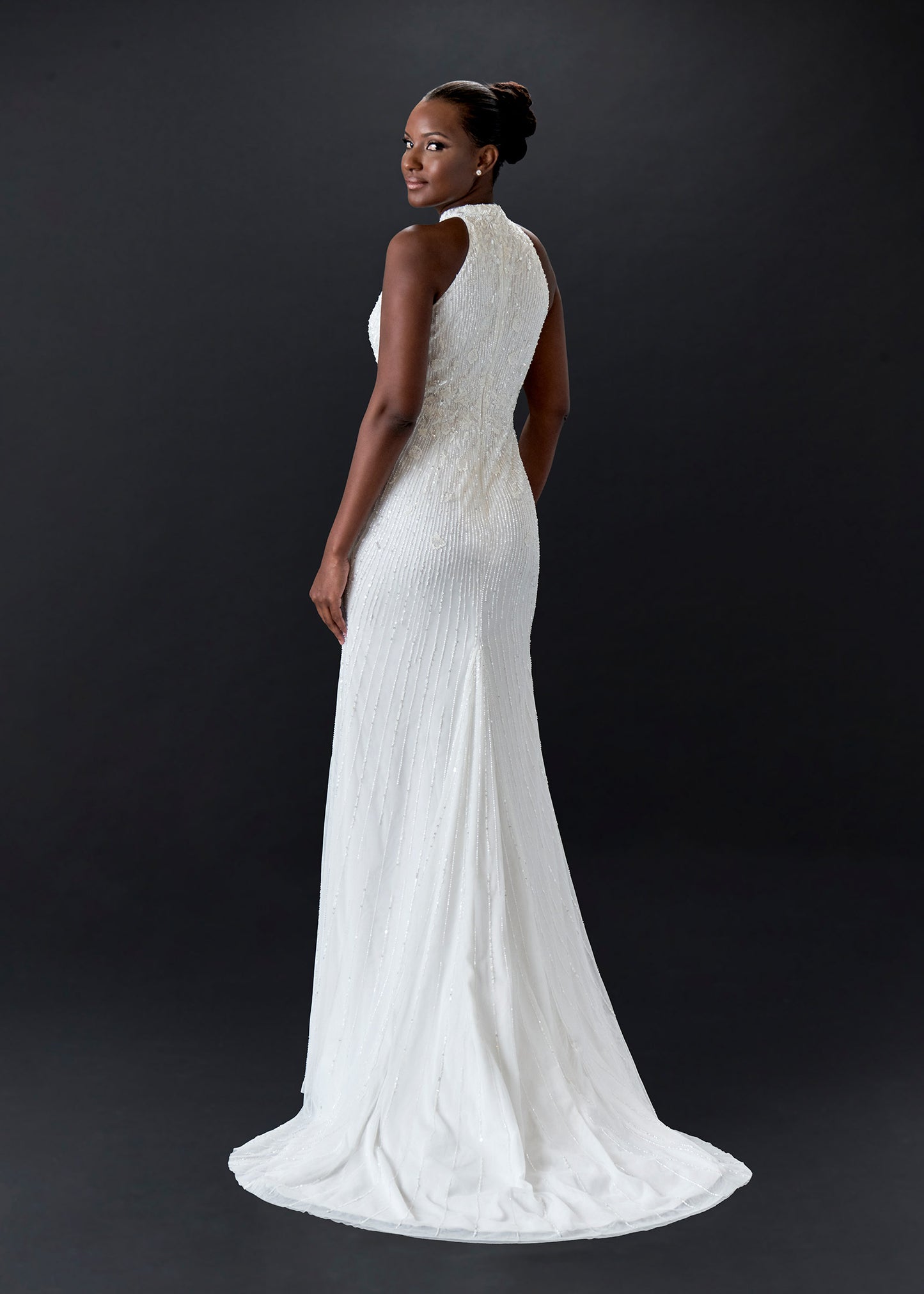 Hand-Embellished Sheath Gown with Halter Neckline