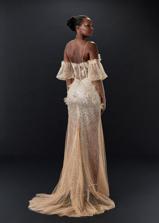 Fit & Flare Gown in European Glitter Tulle with 3D Florals - Back | Lotus Threads Bridal