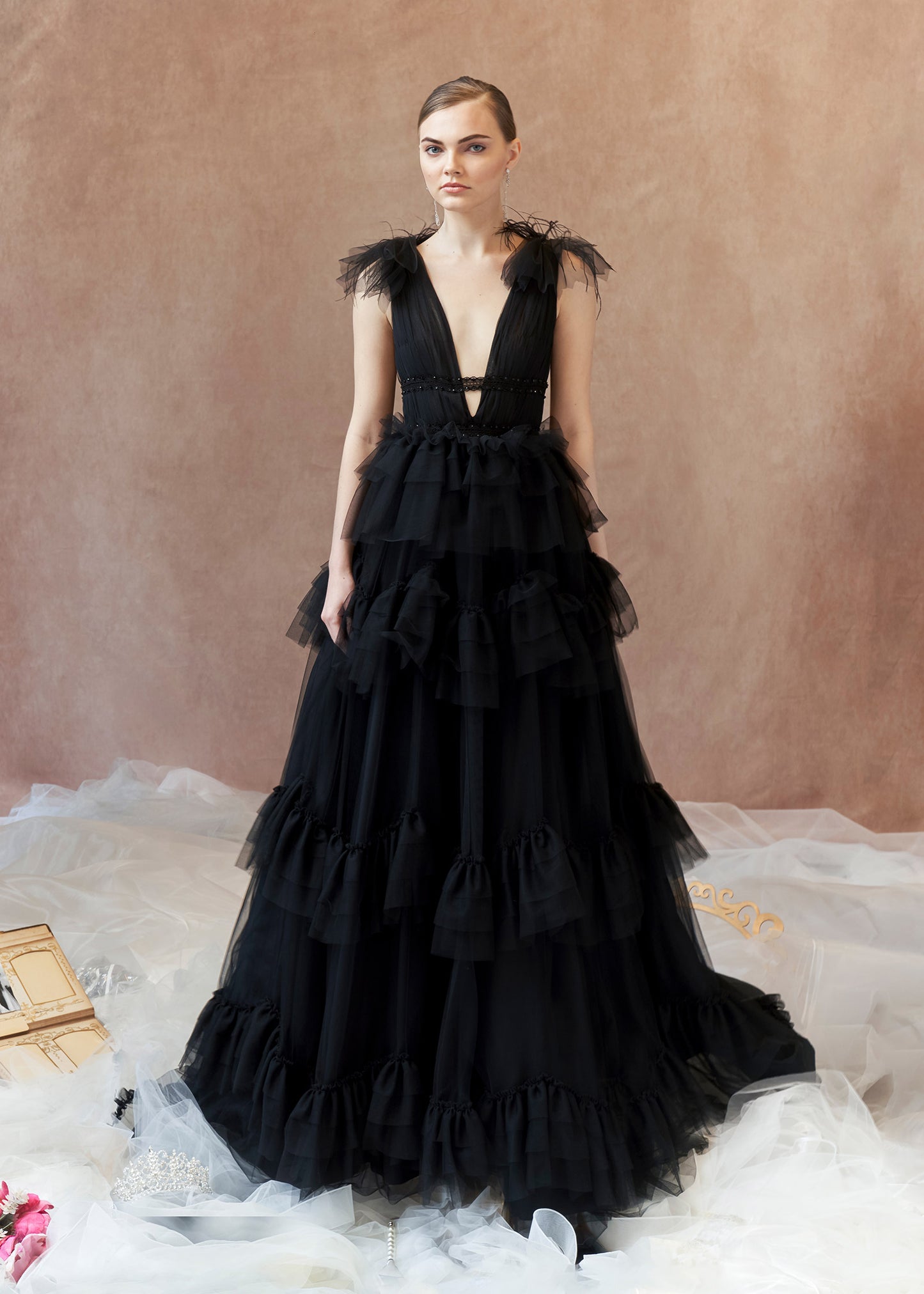 Black Tulle Ball Gown with Cascading Layered Ruffles | Lotus Threads Bridal