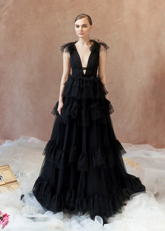 Black Tulle Ball Gown with Cascading Layered Ruffles | Lotus Threads Bridal