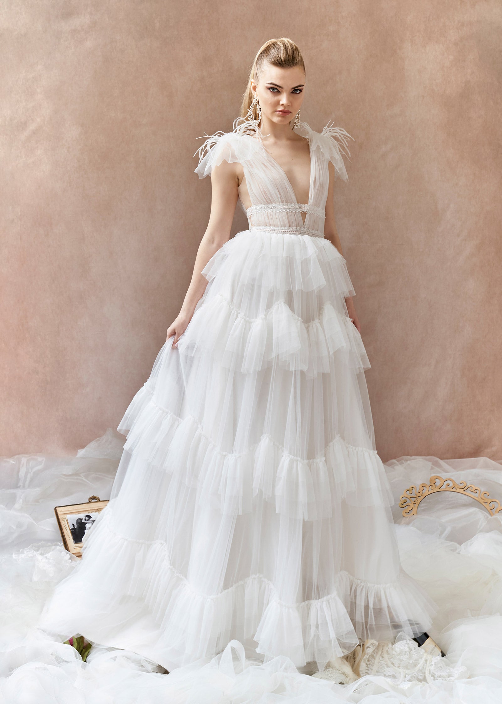 Deep V-Neck Tulle Ball Gown with Cascading Layered Ruffles – Lotus