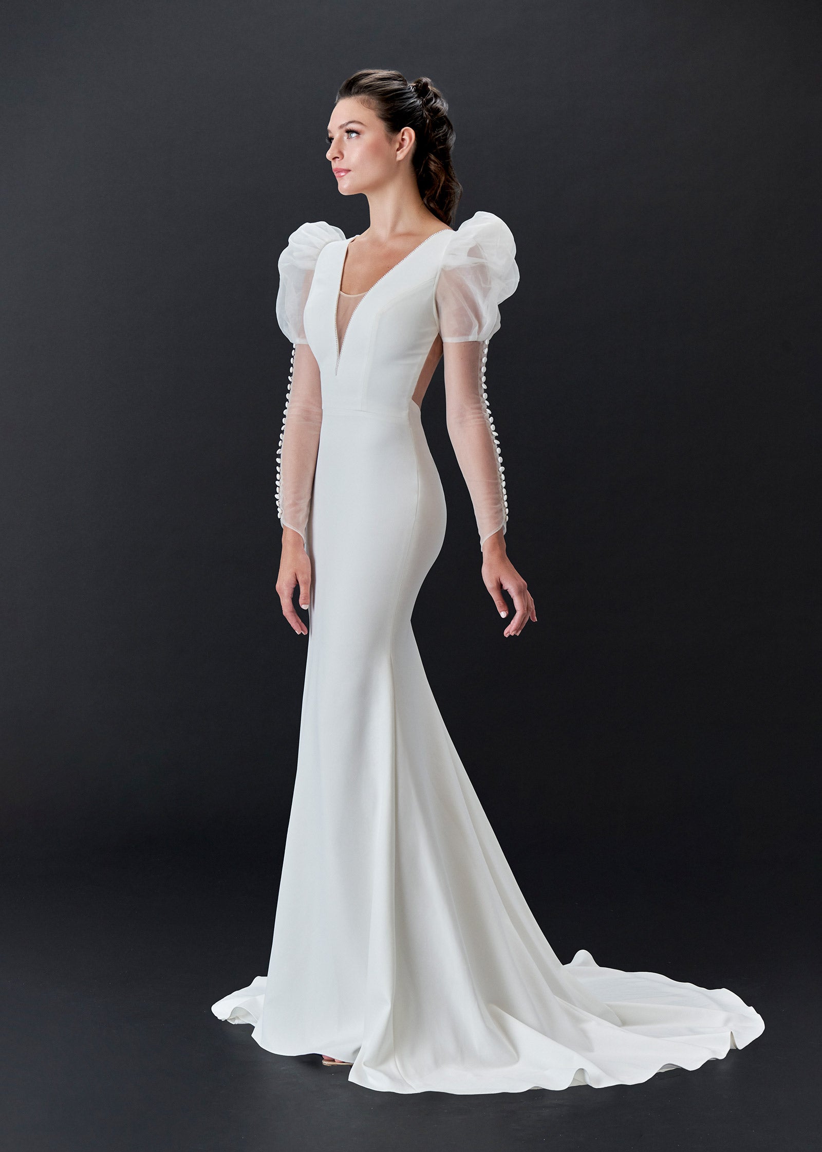 Crepe Mermaid Wedding Dress with Juliet Sleeves in Organza – Lotus Threads Bridal Crepe Mermaid Wedding Dress with Juliet Sleeves in Organza – Lotus Threads Bridal