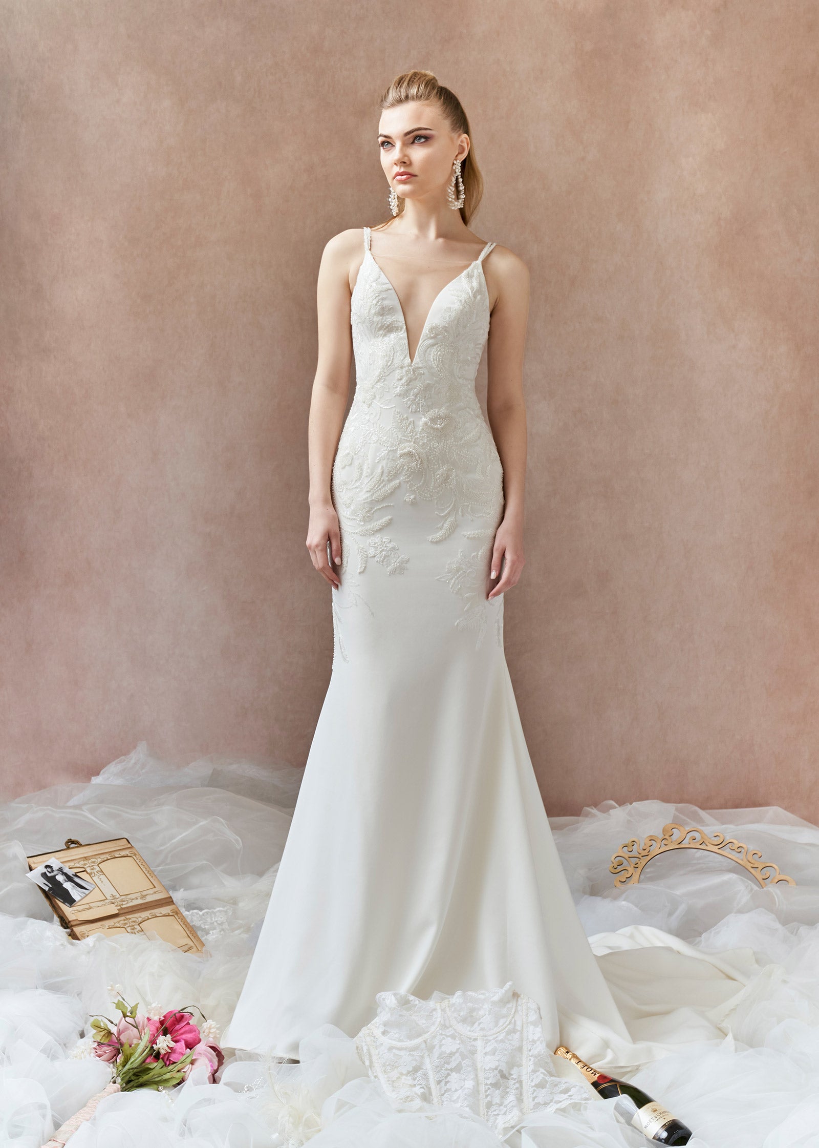 Deep V-Neck Crepe Mermaid Gown with Floral Appliqu Lotus Threads Bridal Deep V-Neck Crepe Mermaid Gown with Floral Appliqu Lotus Threads Bridal