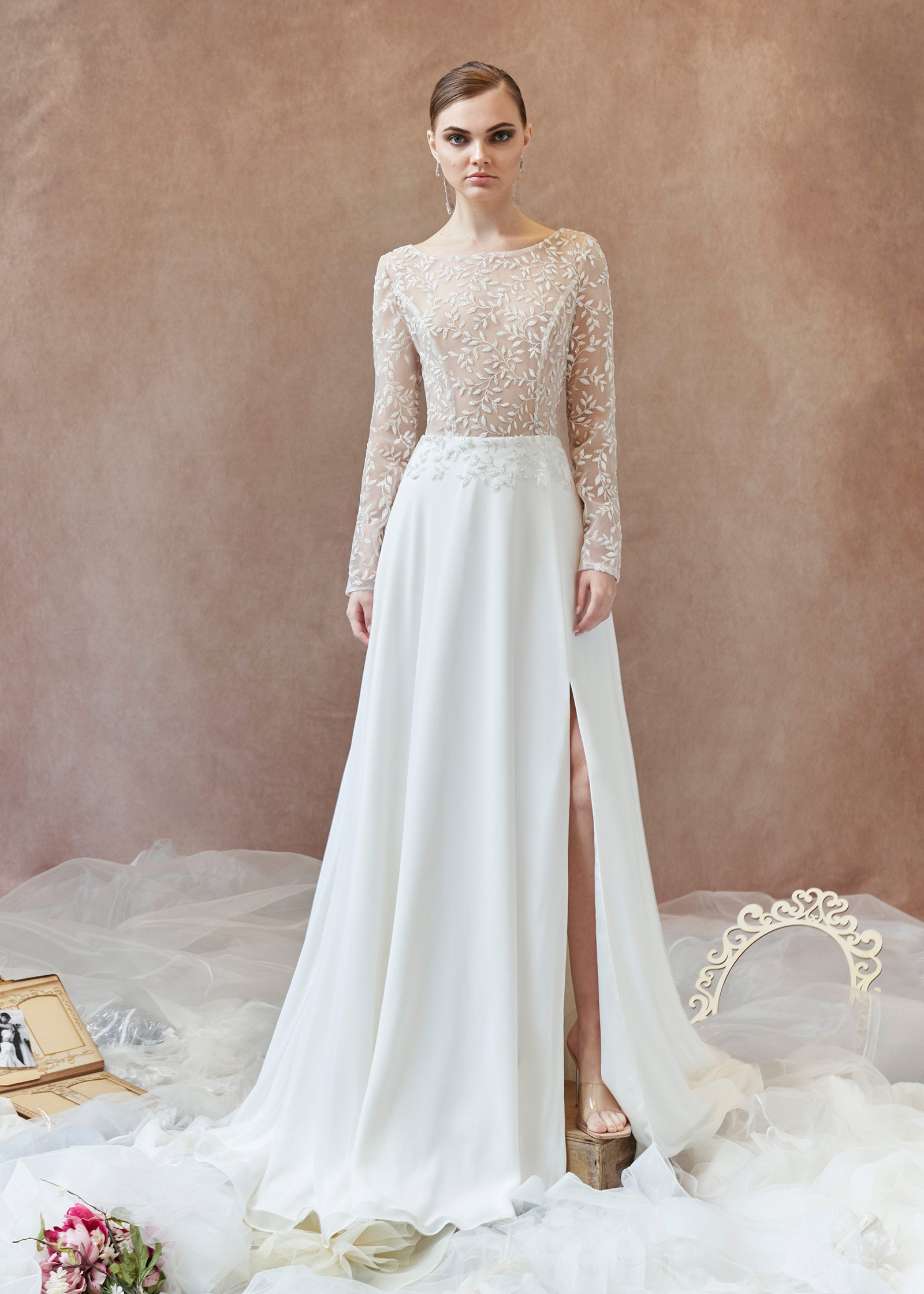 Long Sleeve Sparkle Lace Wedding Gown with Chiffon A-line skirt | Lotus Threads Bridal