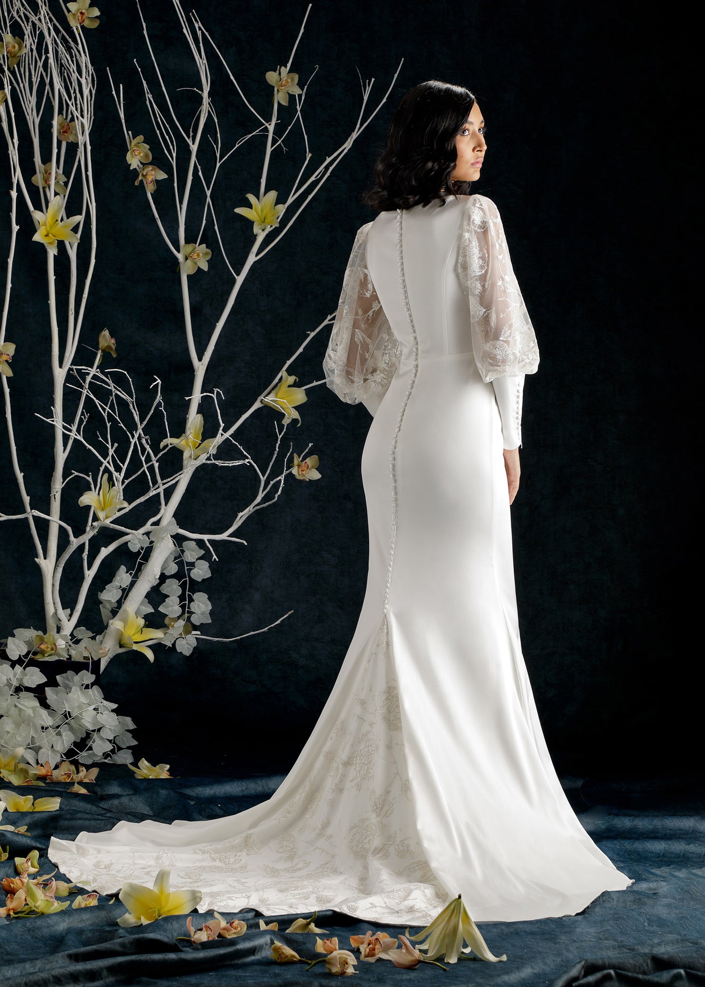 Satin Mermaid Gown with Deep V Neckline and Bishop Sleeves - back