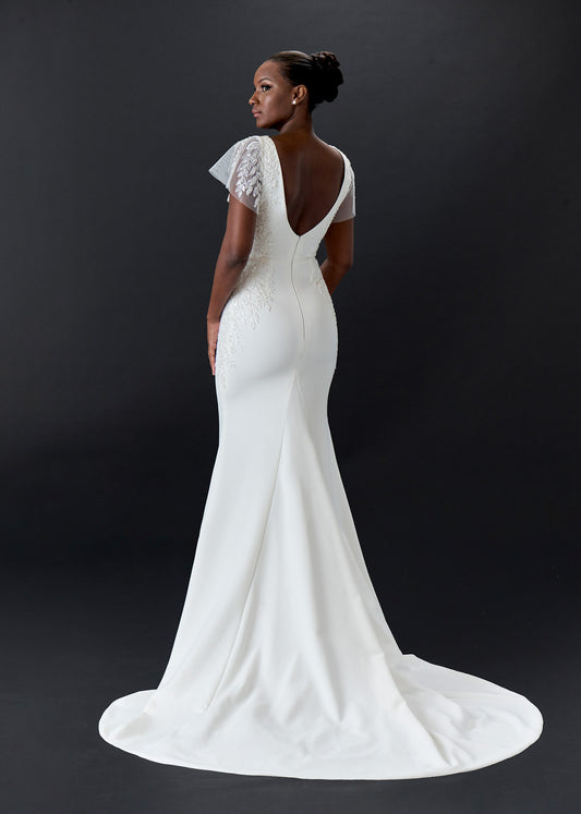 Square Neck Mermaid Wedding Dress in European Crepe and Cathedral train