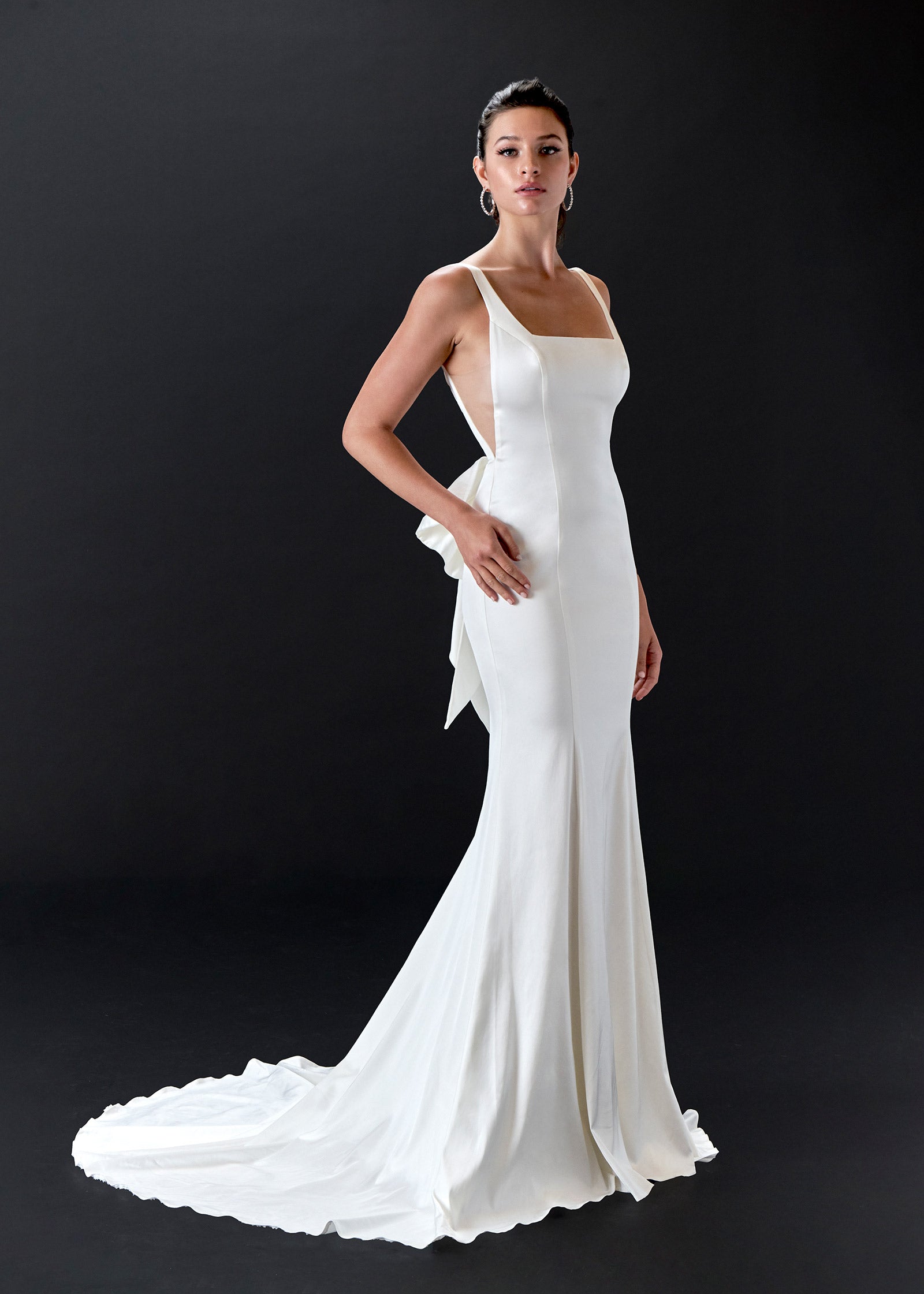 Satin Square-Neck Mermaid Wedding Dress with Scoop Back & Bow Lotus Threads Bridal Satin Square-Neck Mermaid Wedding Dress with Scoop Back & Bow Lotus Threads Bridal
