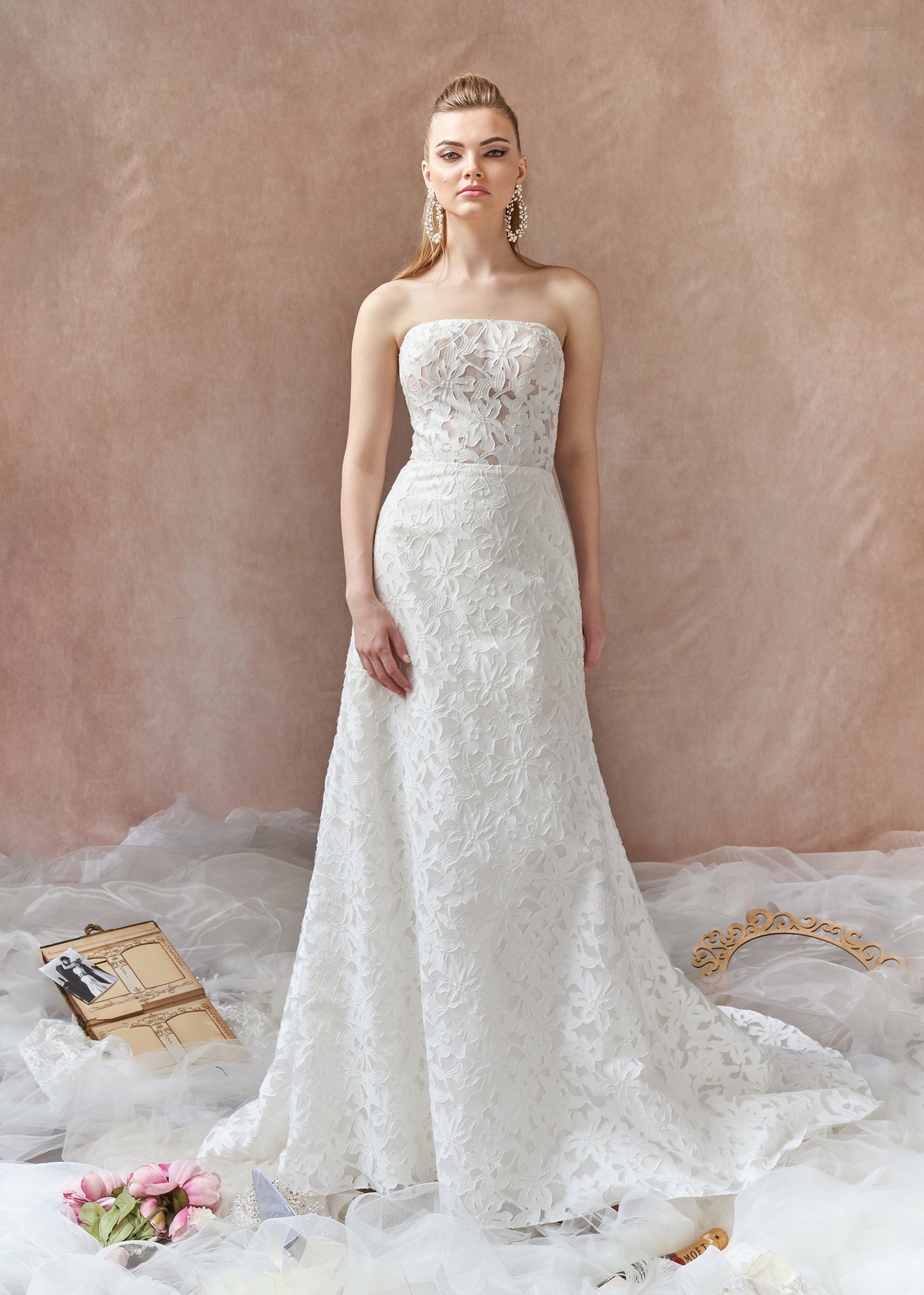 Strapless A-Line wedding dress with Floral Brocade