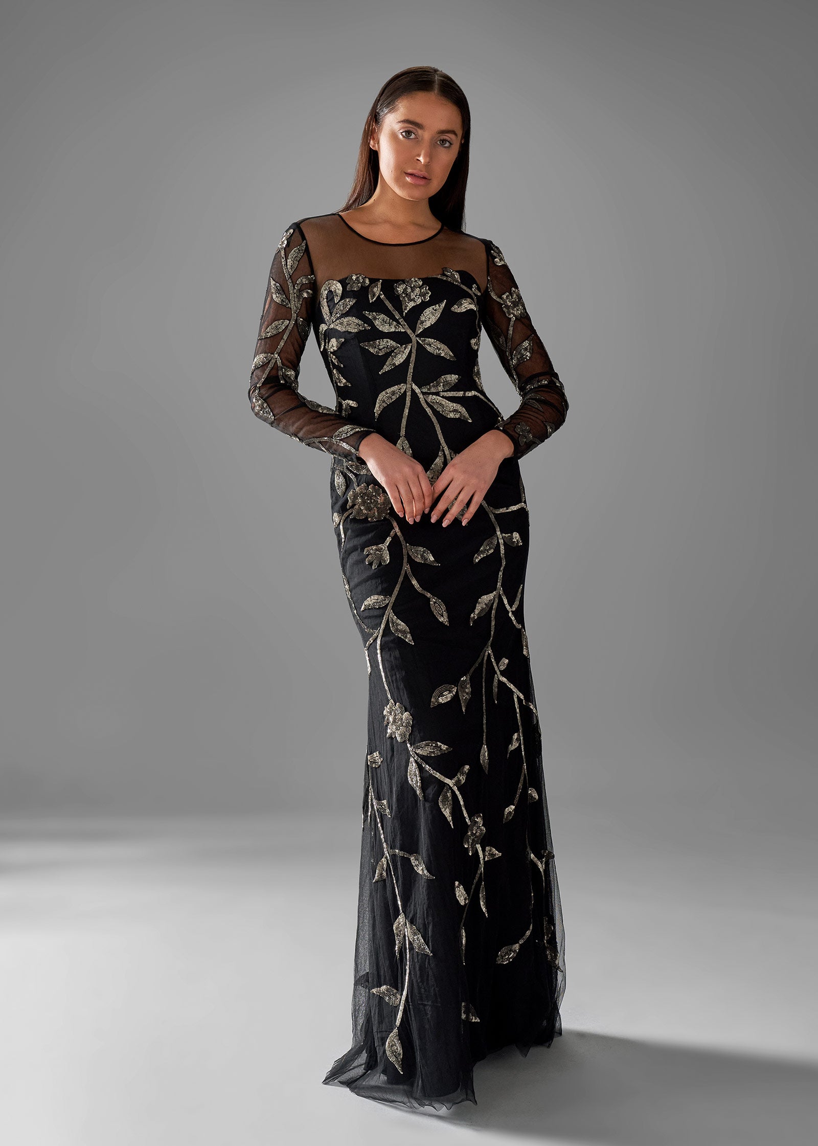 Elegant Long Sleeve Beaded Sheath Gown Lotus Threads Bridal Elegant Long Sleeve Beaded Sheath Gown Lotus Threads Bridal