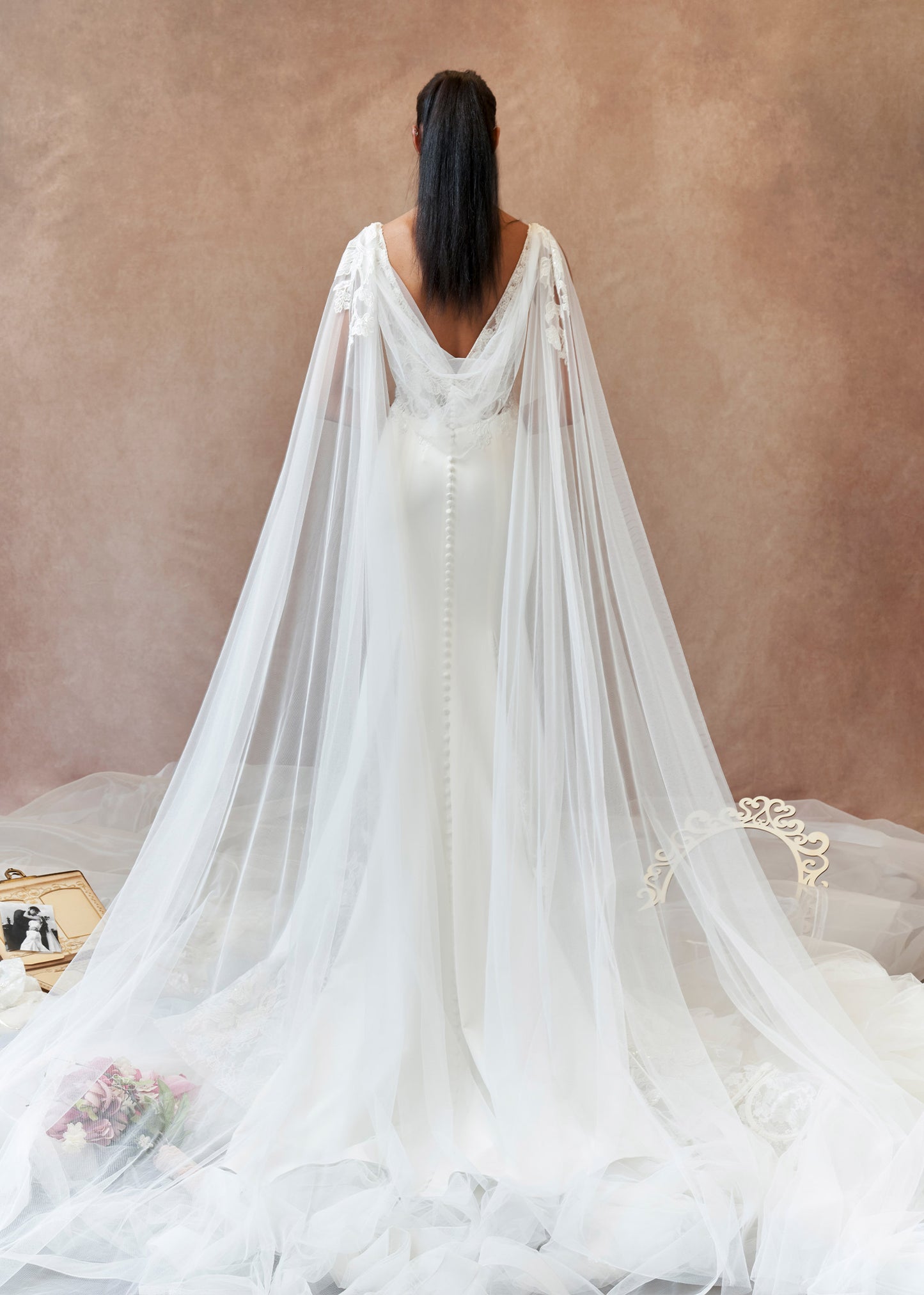 Fit and Flare Gown with Deep V-Plunge and Tulle Cape Sleeves - Back
