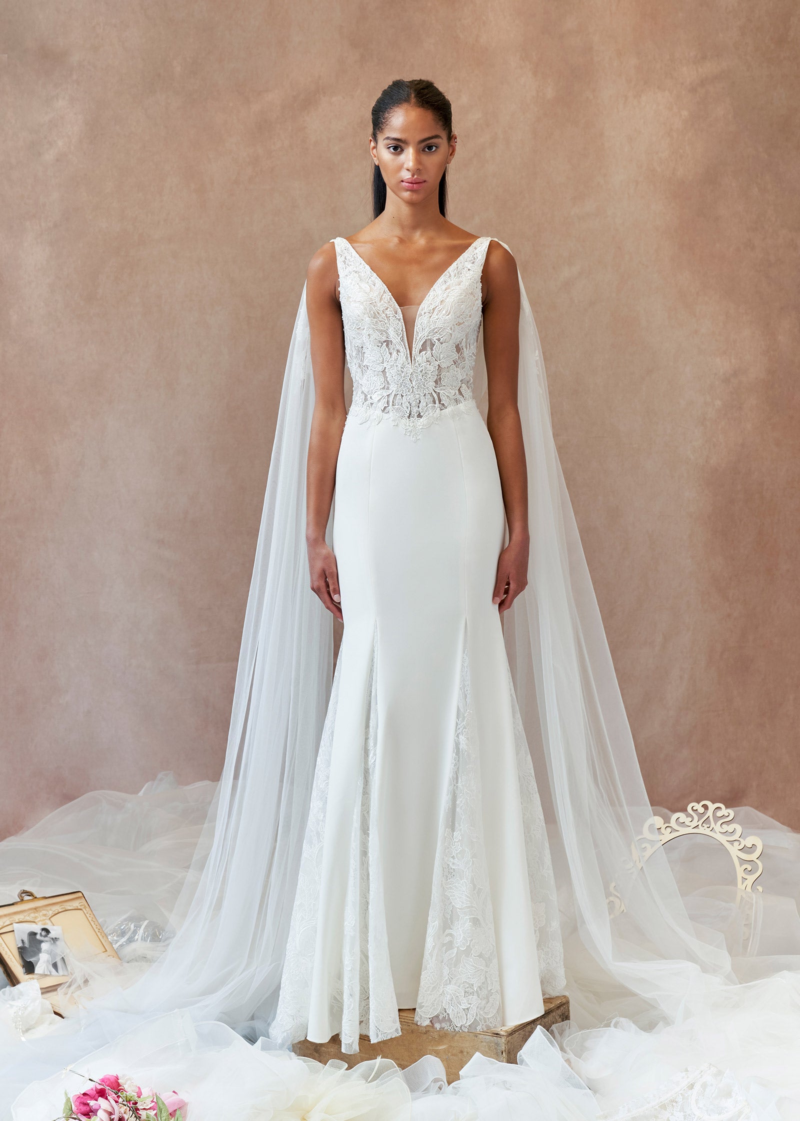 Fit & Flare Gown with Deep V-Plunge and Tulle Cape Sleeves Lotus Threads Bridal Fit & Flare Gown with Deep V-Plunge and Tulle Cape Sleeves Lotus Threads Bridal