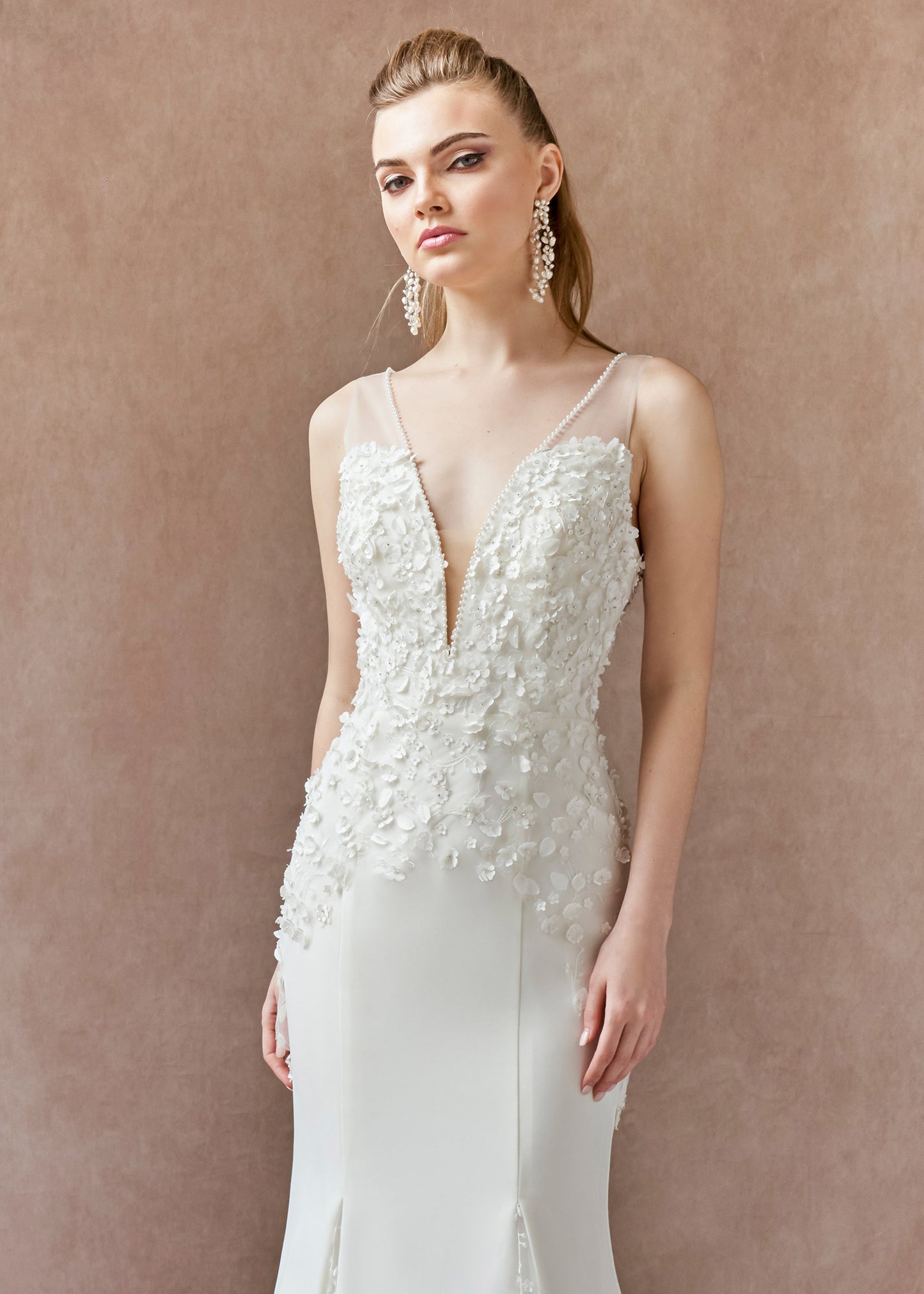 3D Floral Crepe Mermaid Gown with Plunging Neckline - Closeup | Lotus Threads Bridal