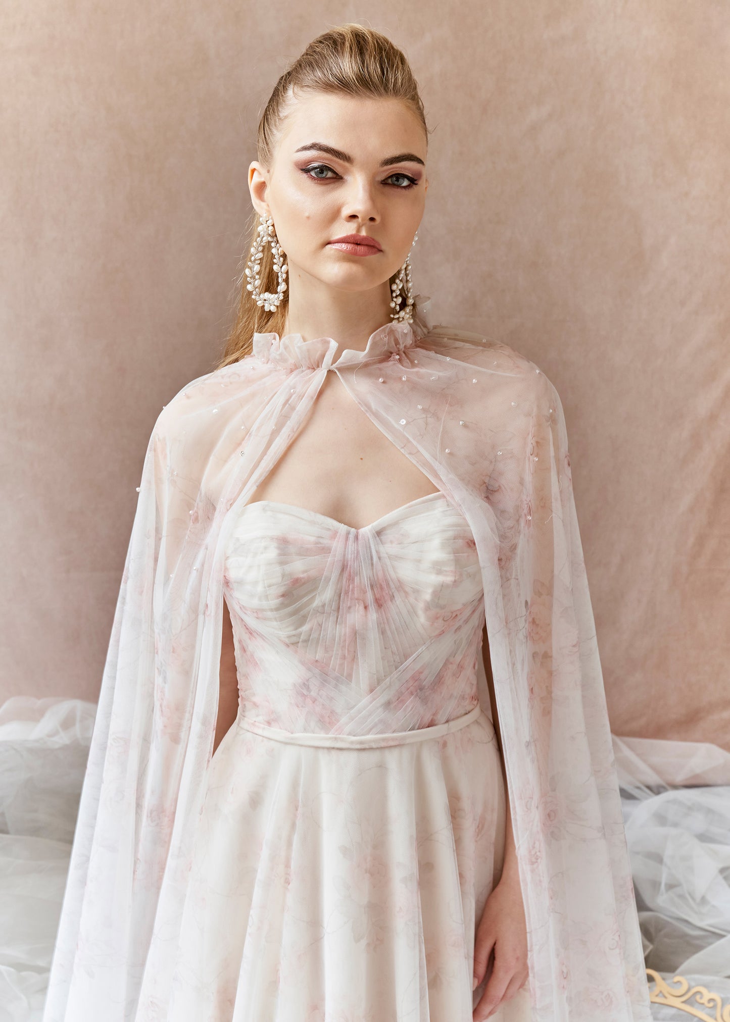 Strapless A-Line Wedding Dress with Printed Florals and Cape| Lotus Threads