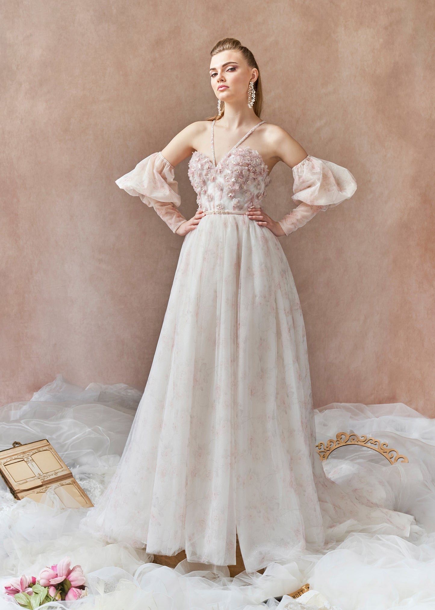 Floral Print Wedding Dress Ball Gown with 3D Flowers and Juliette Sleeves