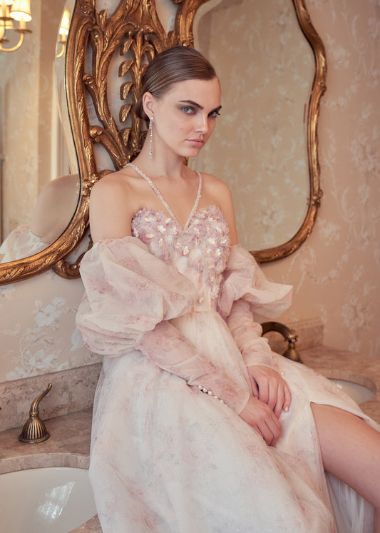 Floral Print Ball Gown with 3D Flowers and Juliette Sleeves | Lotus Threads Bridal