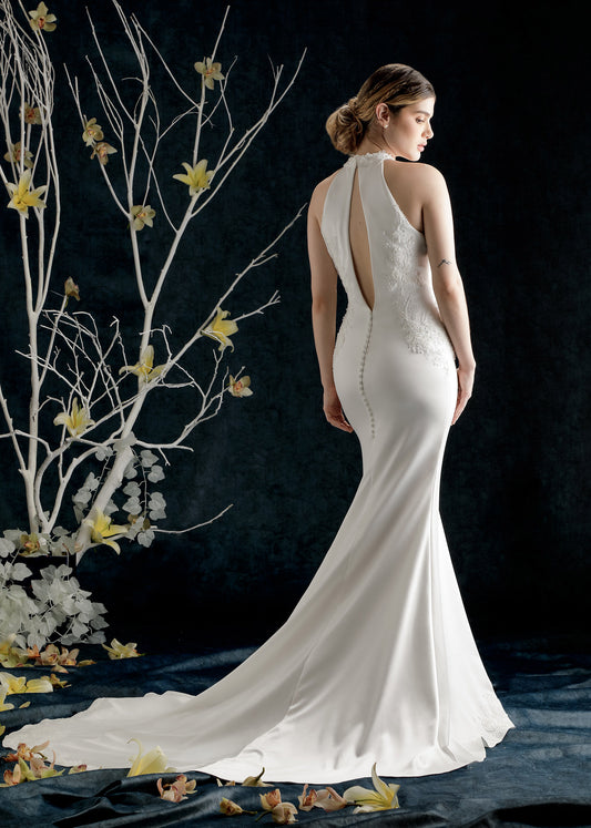 Luxe Satin Mermaid Halter Wedding Dress with Beaded and Lace Appliqued | Lotus Threads Bridal