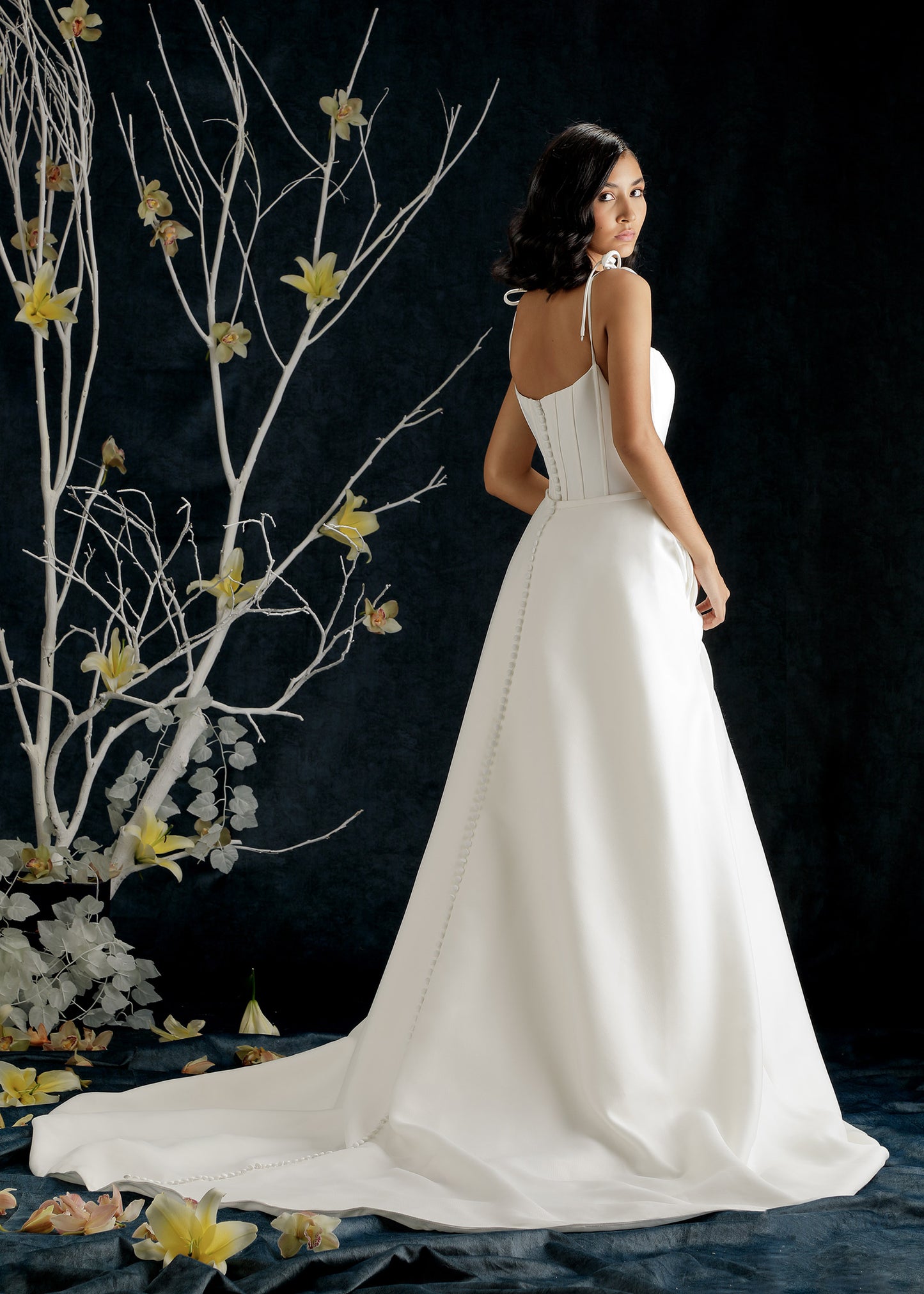 Mikado Mermaid Wedding Dress with Corset and Removable Ball Gown Skirt - Back | Lotus Threads Bridal